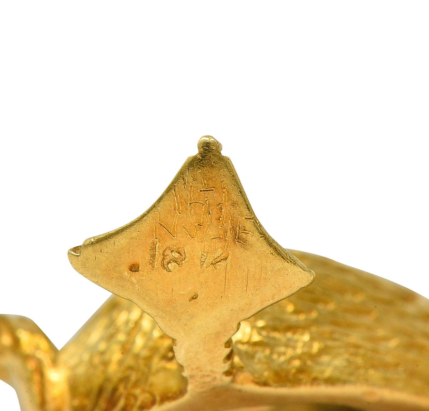 1960's Ruby 18 Karat Yellow Gold Vintage Duck Whimsical Bird Brooch