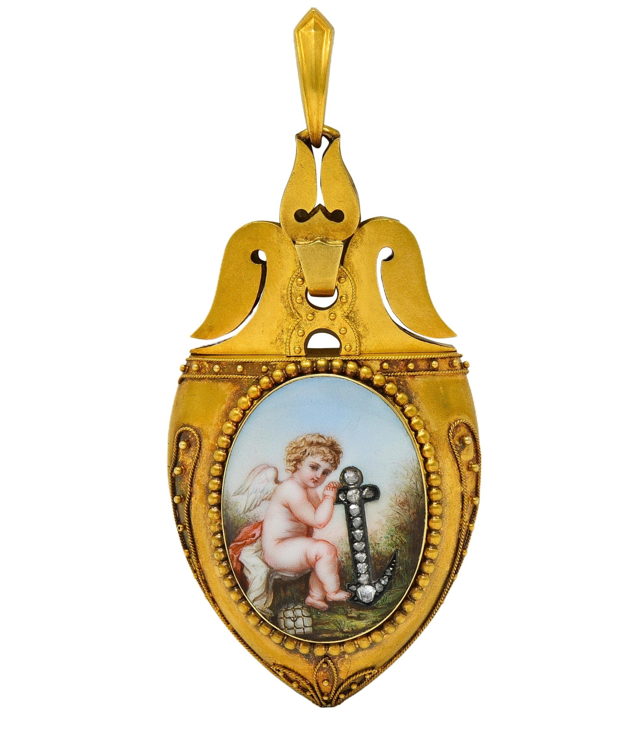 Victorian Diamond Enamel 14 Karat Yellow Gold Antique Cherub Portrait Locket