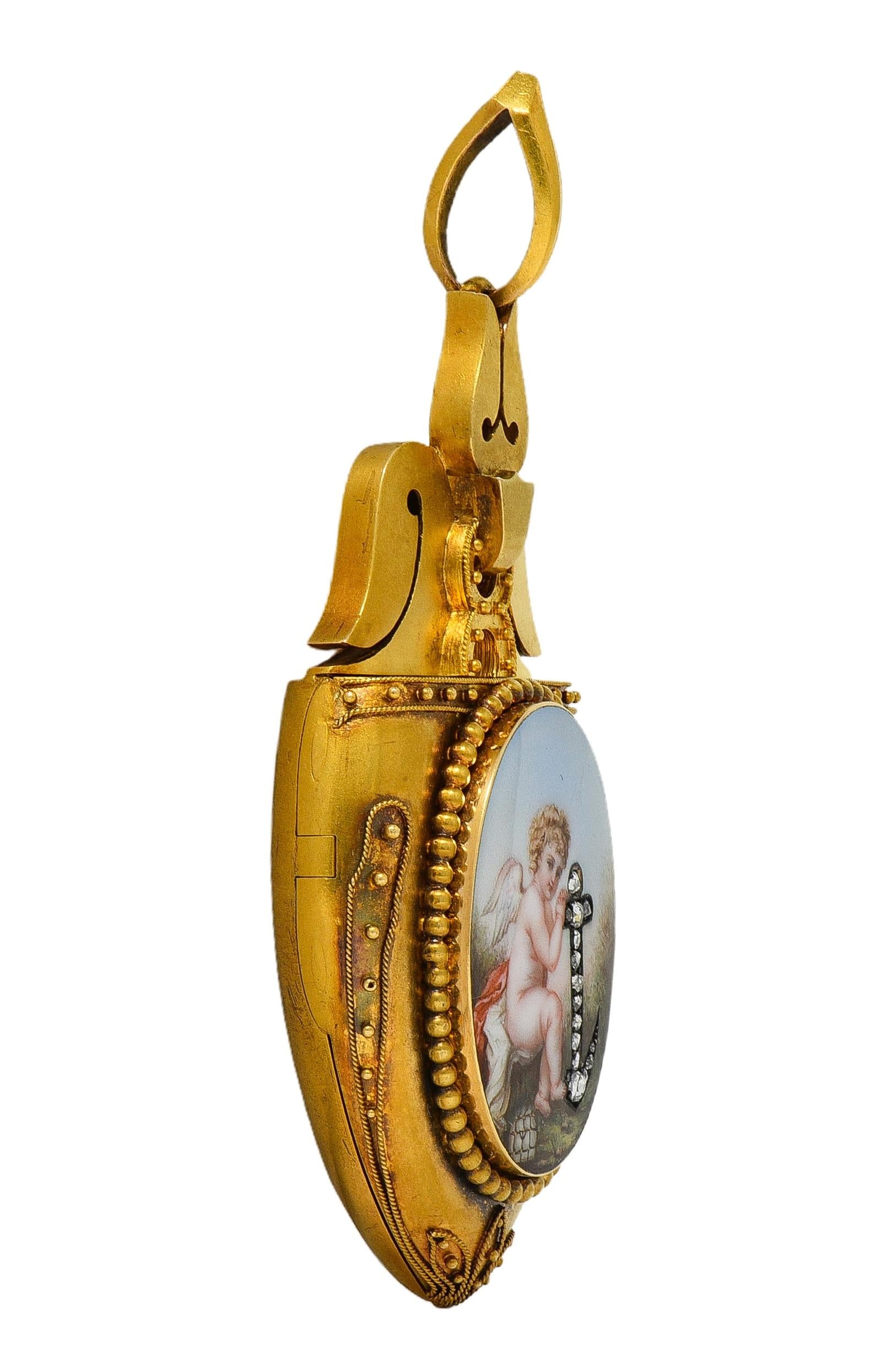Victorian Diamond Enamel 14 Karat Yellow Gold Antique Cherub Portrait Locket