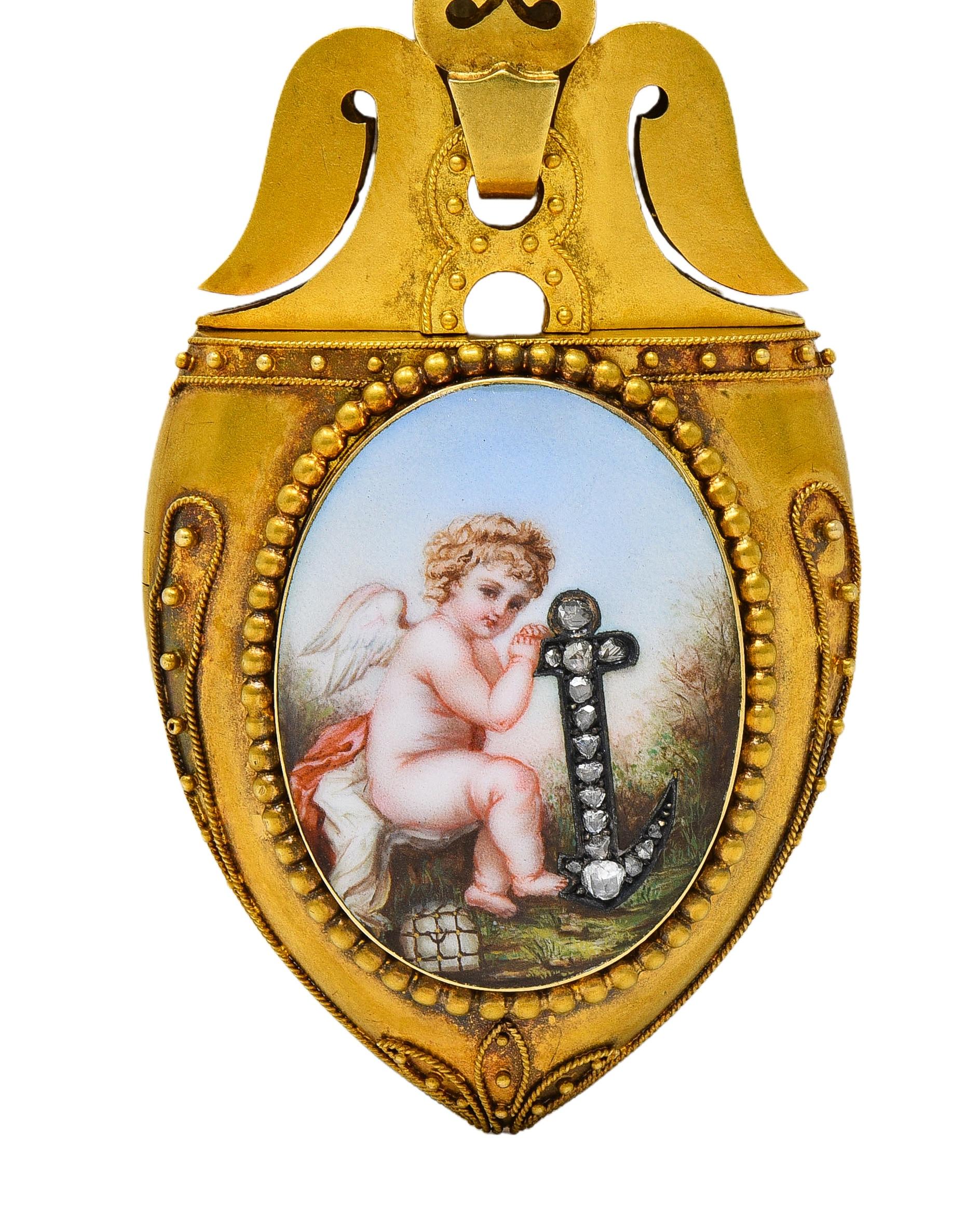 Victorian Diamond Enamel 14 Karat Yellow Gold Antique Cherub Portrait Locket
