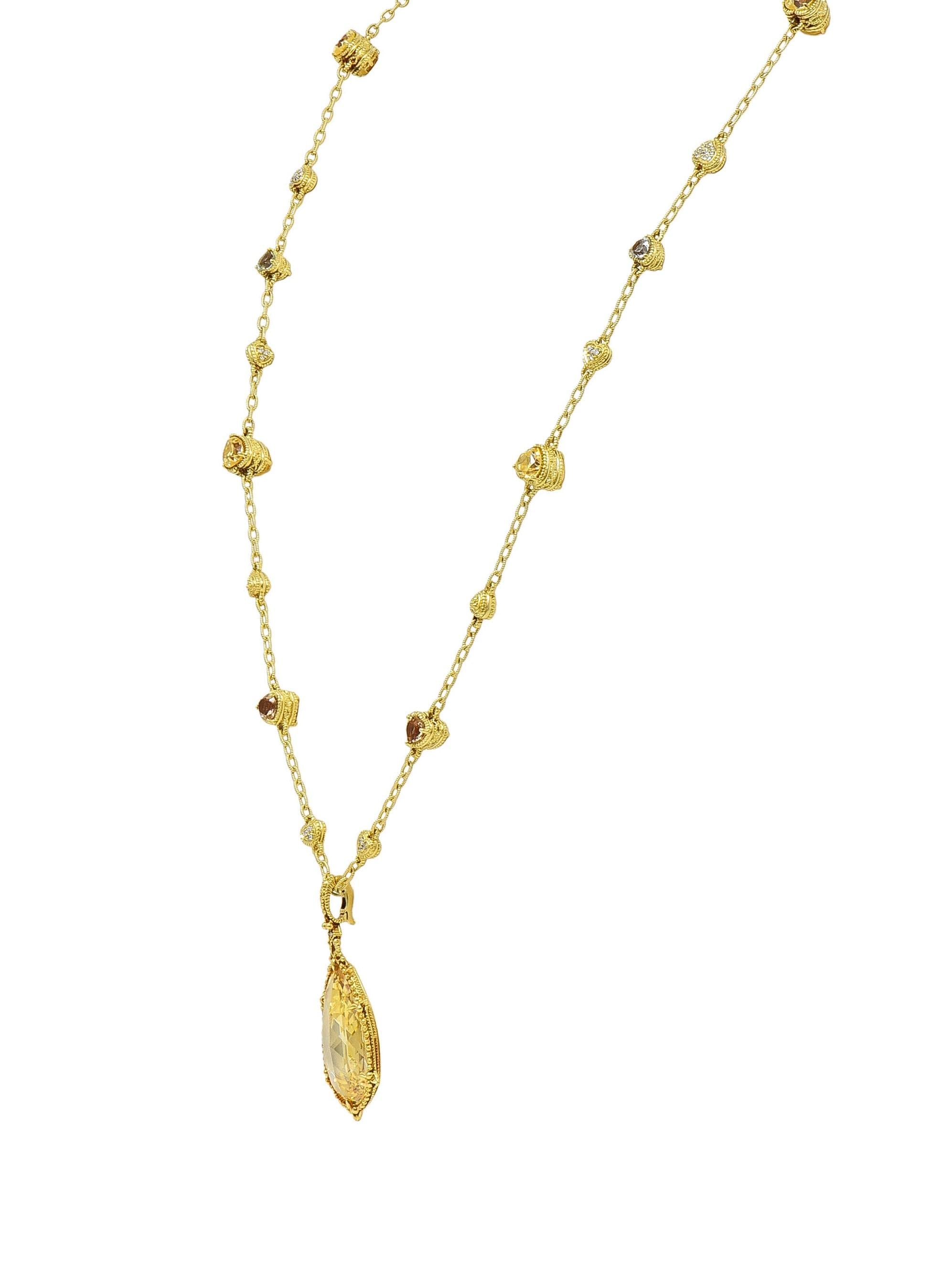 Judith Ripka 2000's Diamond Canary Crystal Quartz Heart Drop Pendant Necklace
