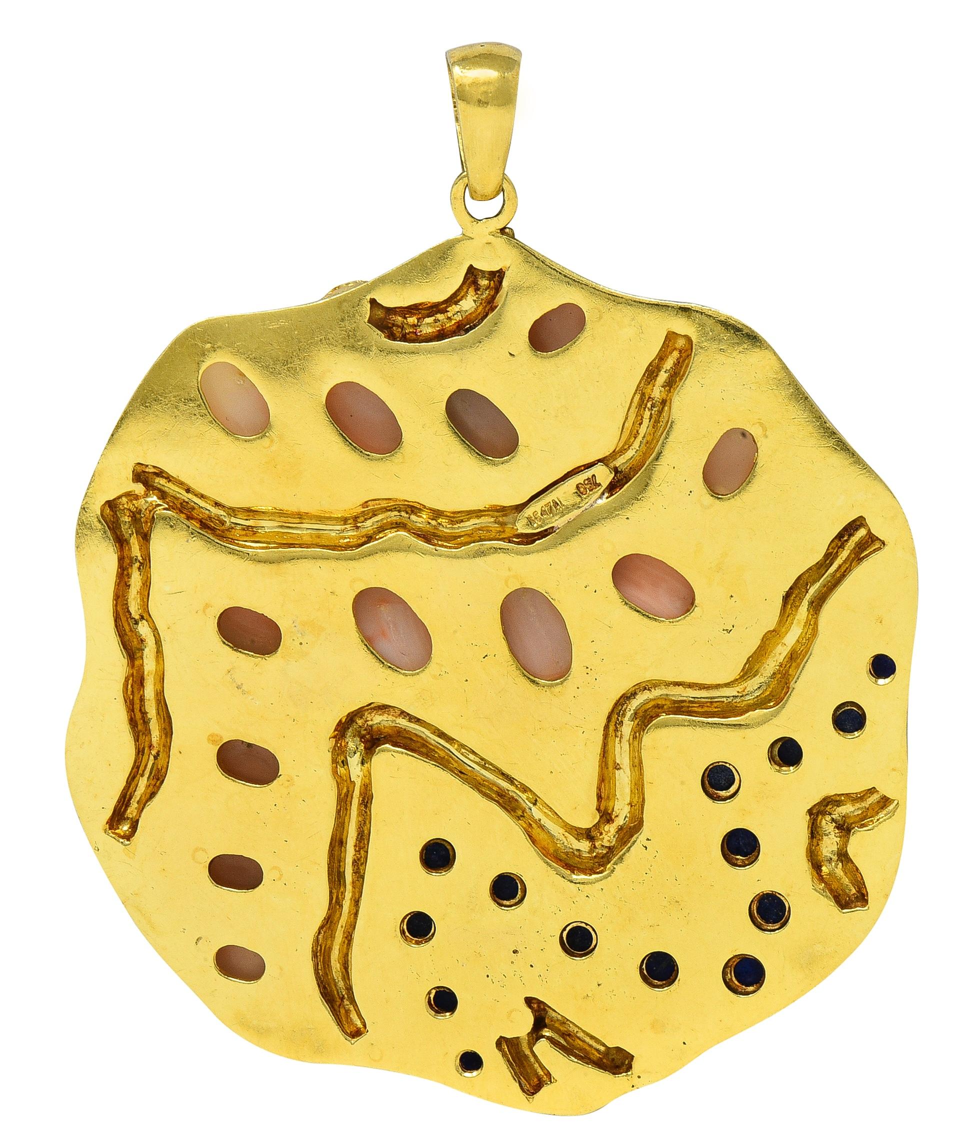 1970's Coral Lapis Lazuli 18 Karat Gold Vintage Squiggle Medallion Pendant