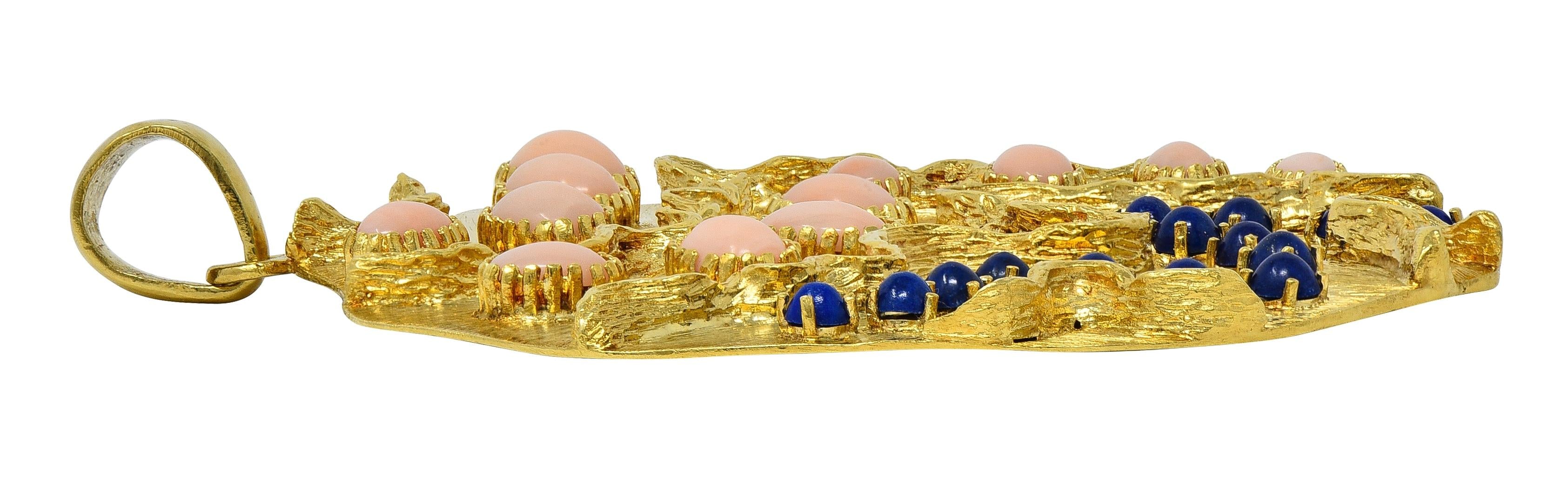 1970's Coral Lapis Lazuli 18 Karat Gold Vintage Squiggle Medallion Pendant