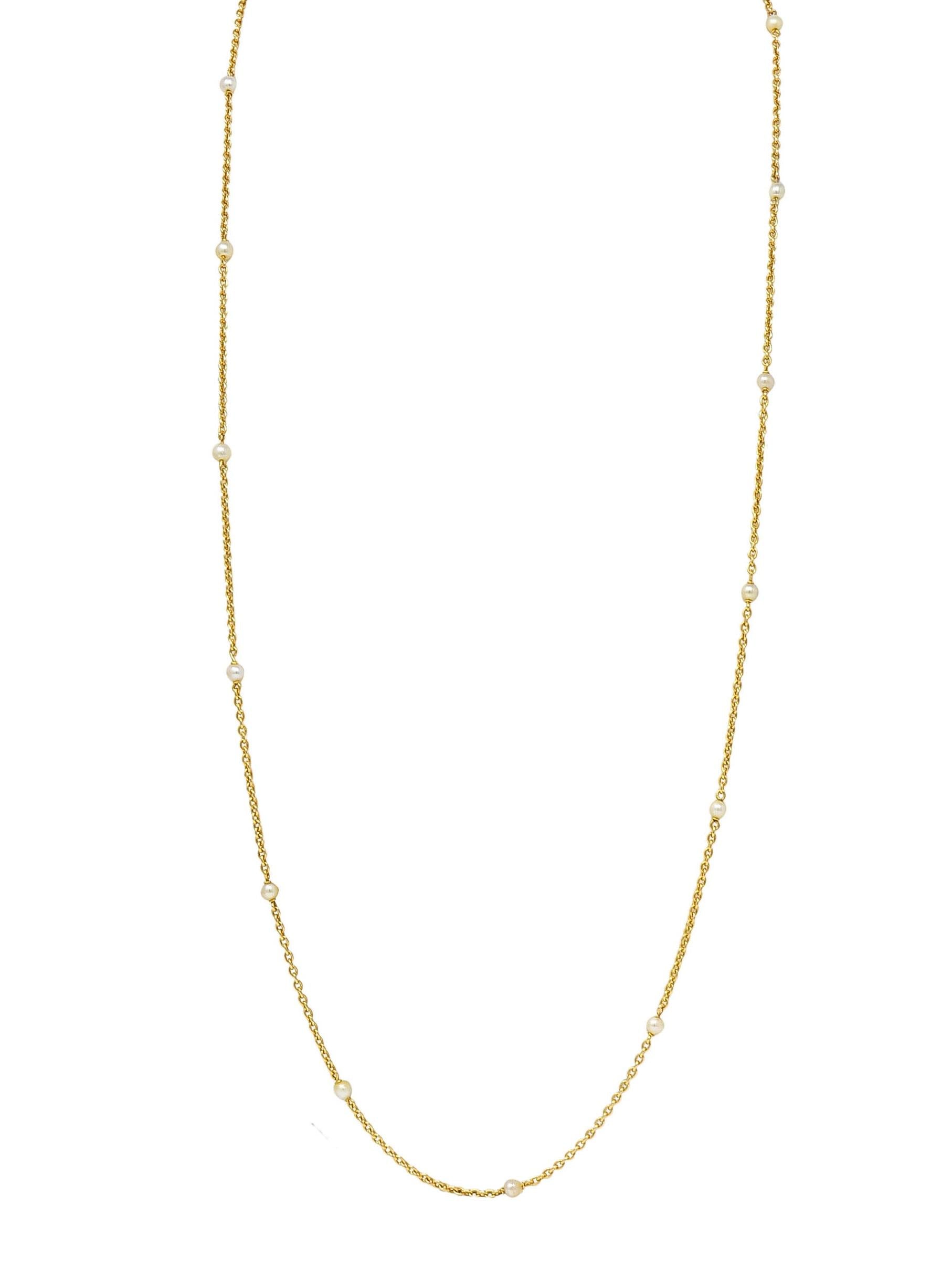 French Victorian Pearl 18 Karat Yellow Gold 34 3/4 Long Antique Station Necklace