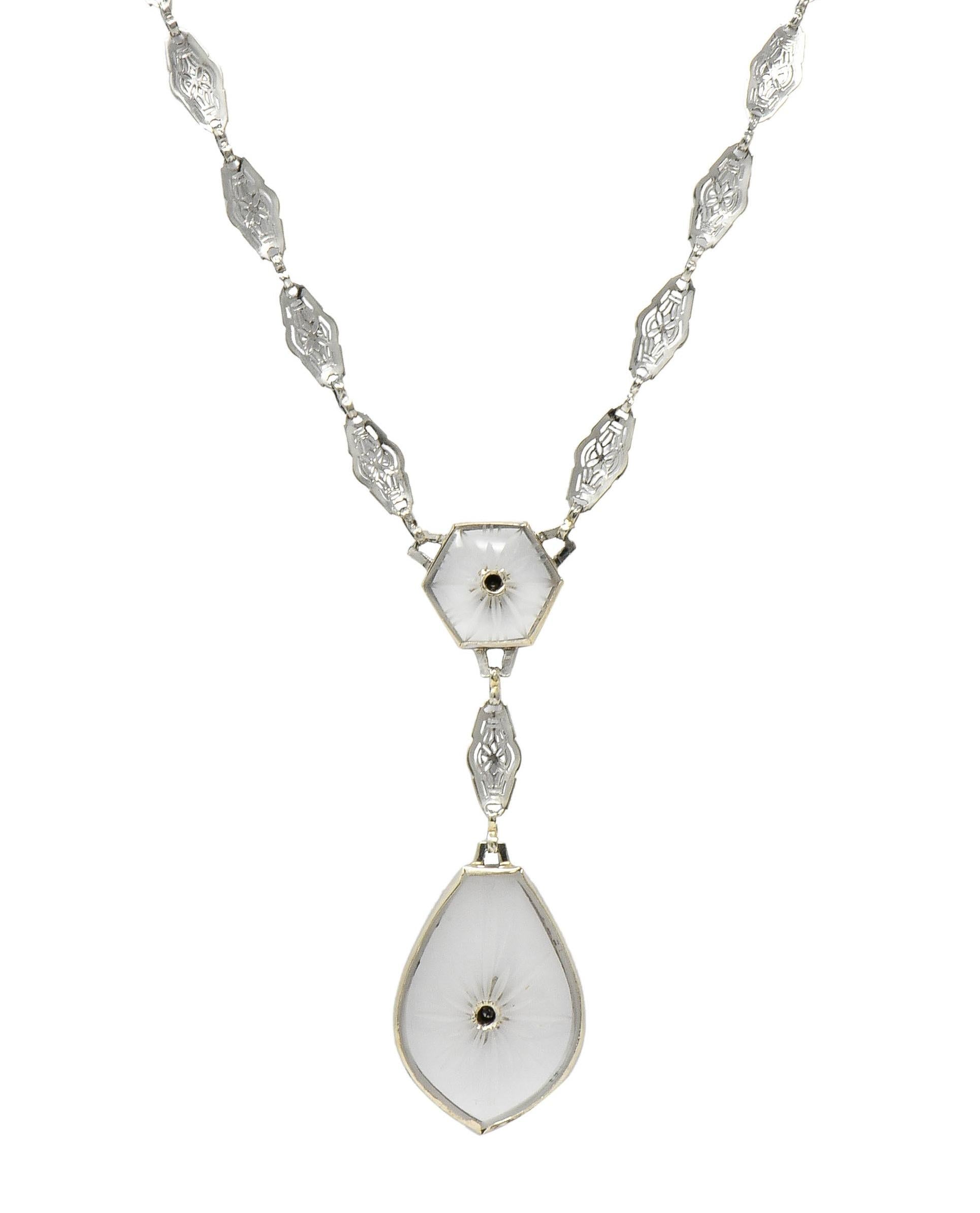 Antique Art Deco Diamond Camphor Glass Platinum 14K White Gold Drop Necklace