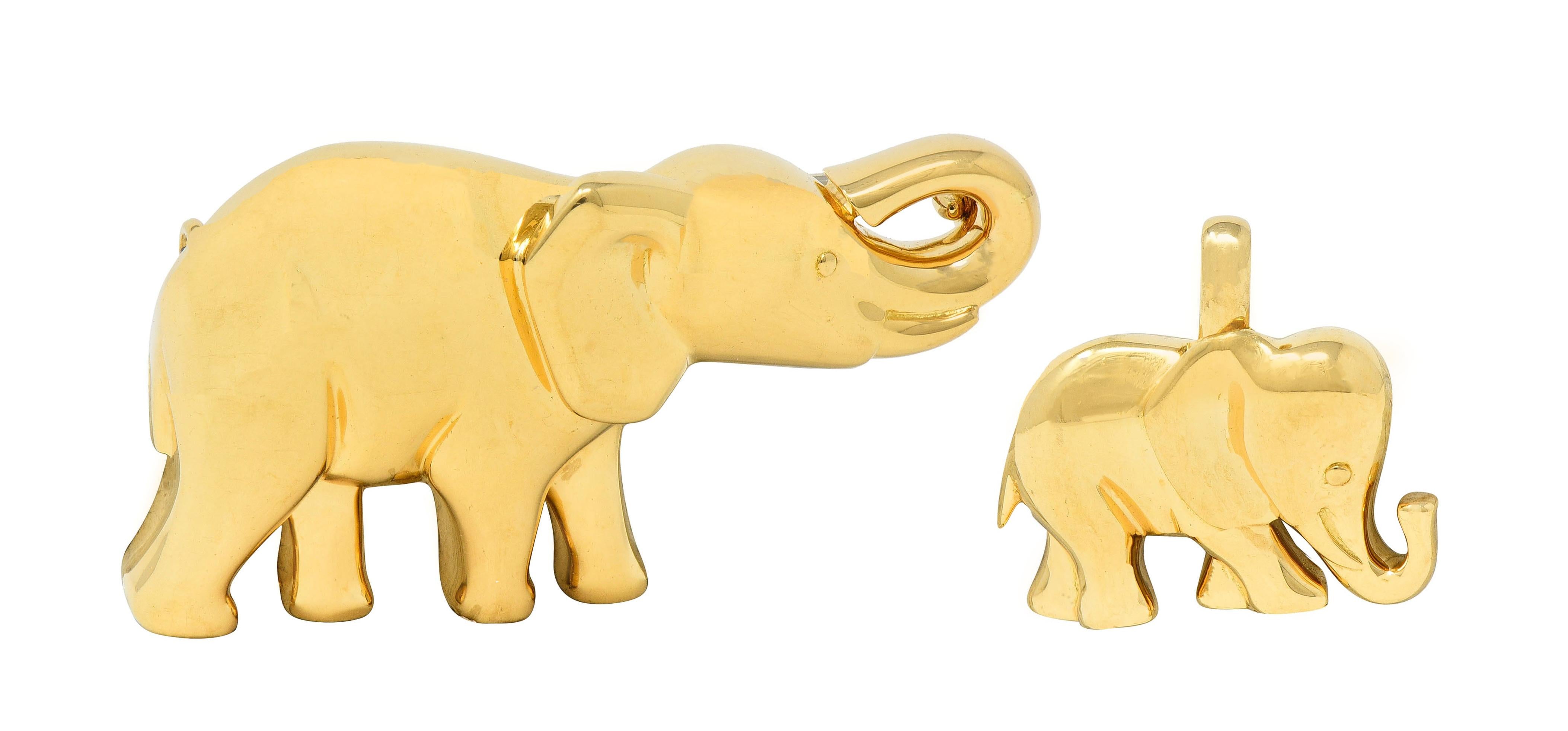 Cartier French 1980 18 Karat Yellow Gold Vintage Mother & Child Elephant Brooch