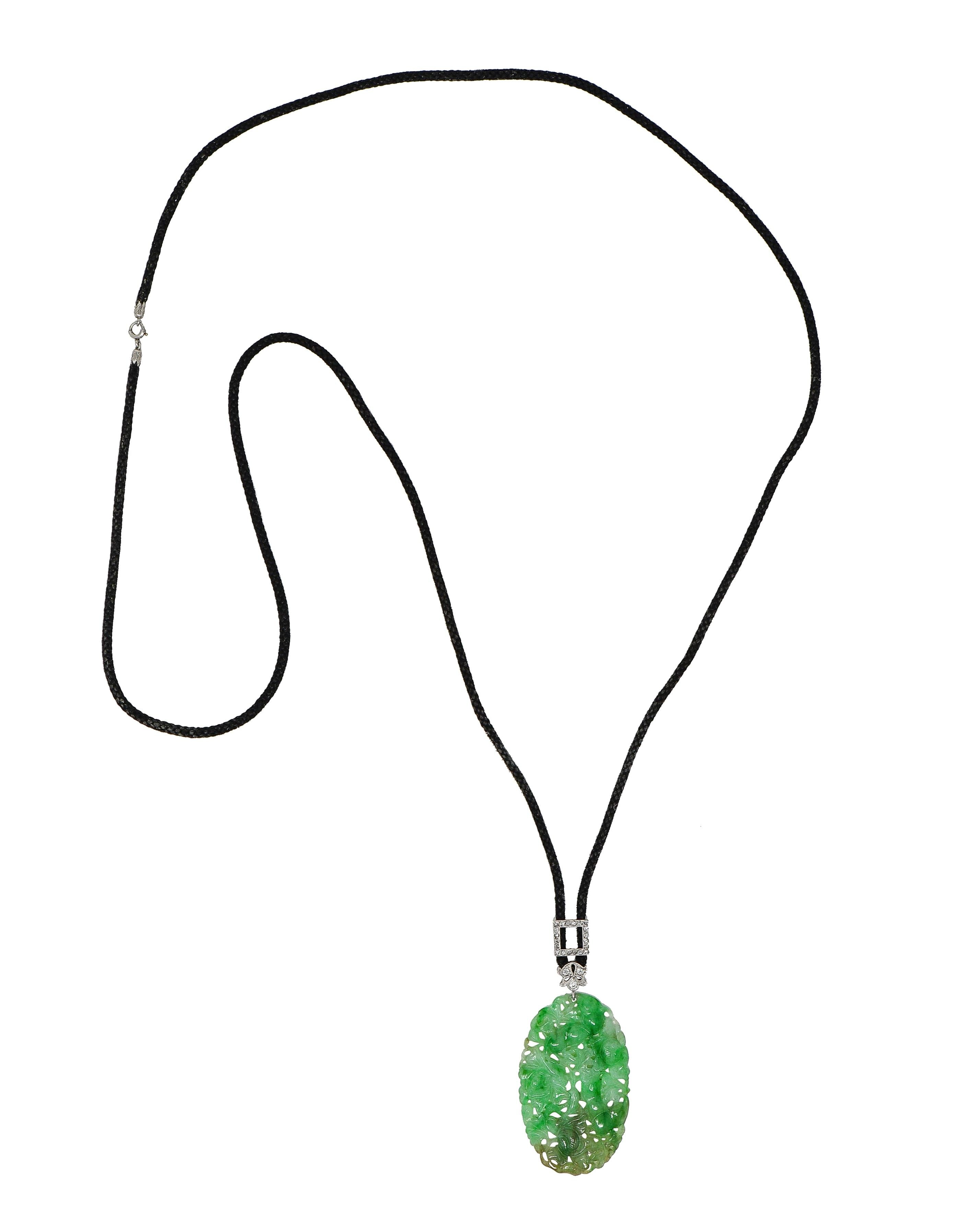 Art Deco Carved Jade Diamond Platinum Antique Sartuoir Slide Pendant Necklace