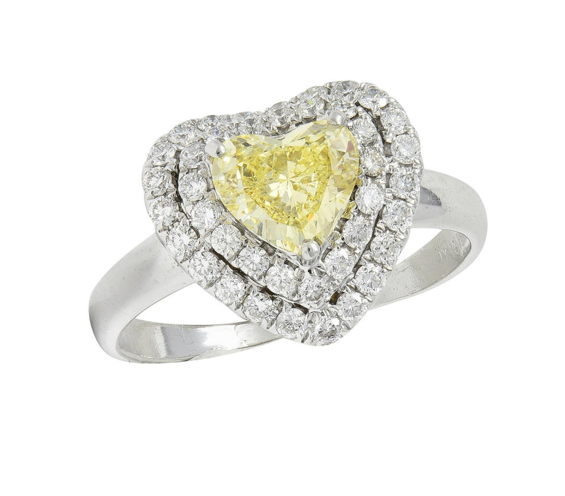 Vintage 1.50 CTW Fancy Light Yellow Heart Diamond 18 Karat Gold Halo Ring GIA