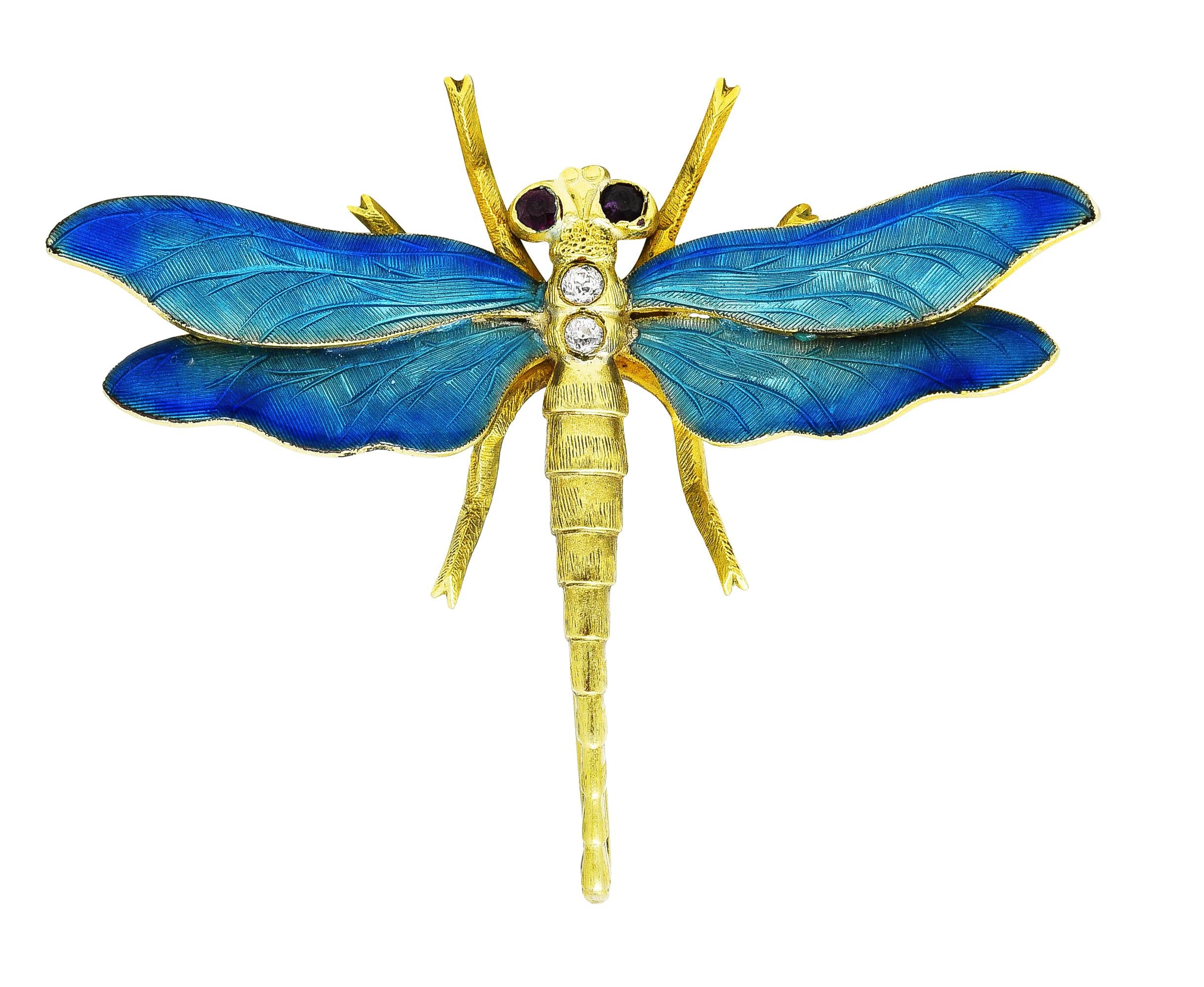 Riker Brothers Art Nouveau Ruby Diamond Guilloche Enamel 14K Dragonfly Brooch