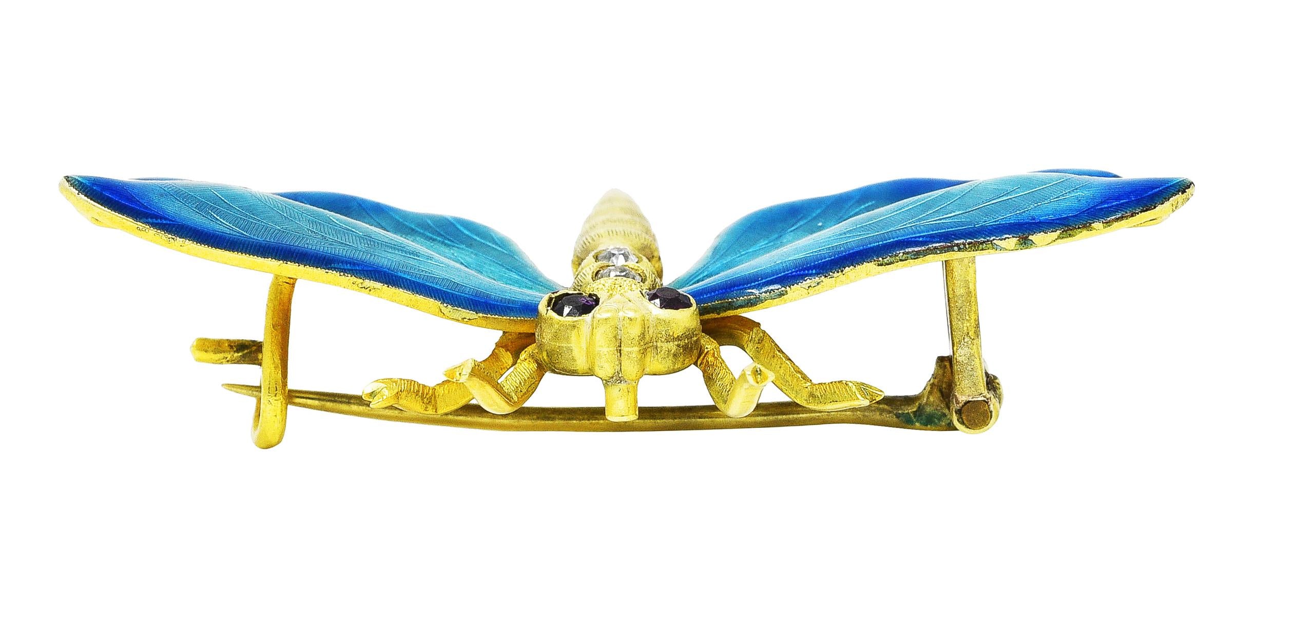 Riker Brothers Art Nouveau Ruby Diamond Guilloche Enamel 14K Dragonfly Brooch