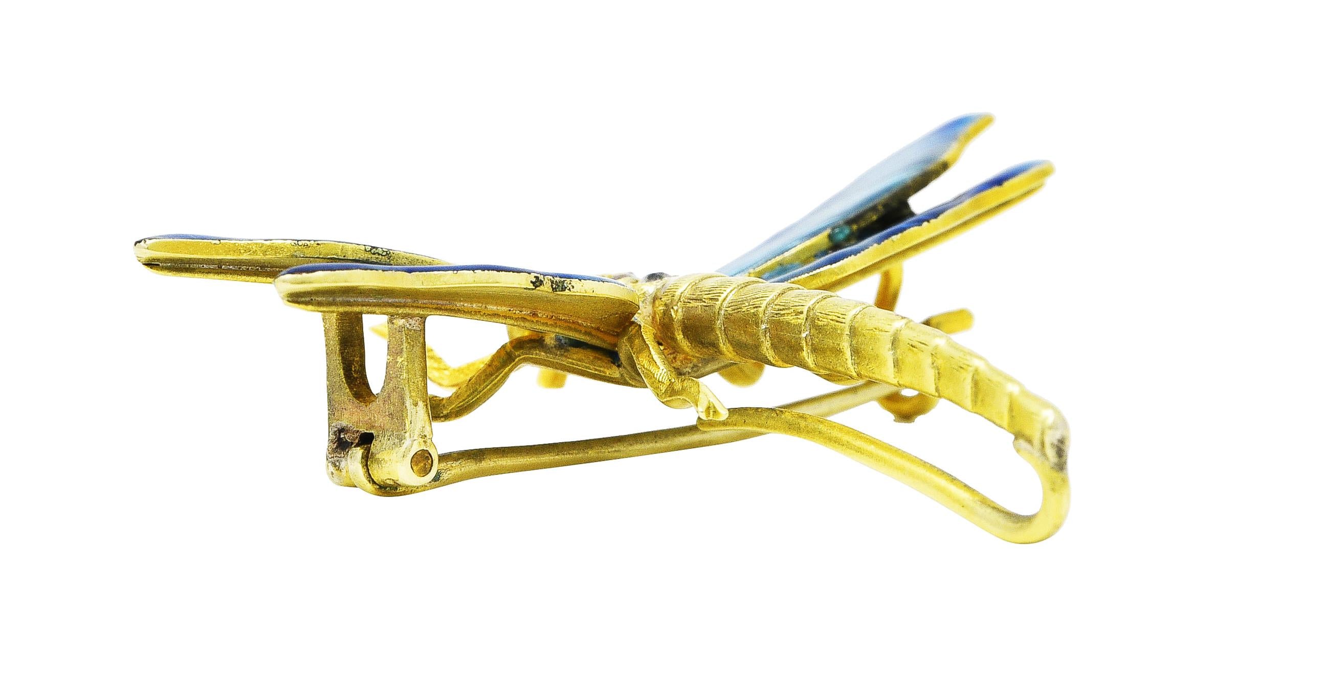 Riker Brothers Art Nouveau Ruby Diamond Guilloche Enamel 14K Dragonfly Brooch
