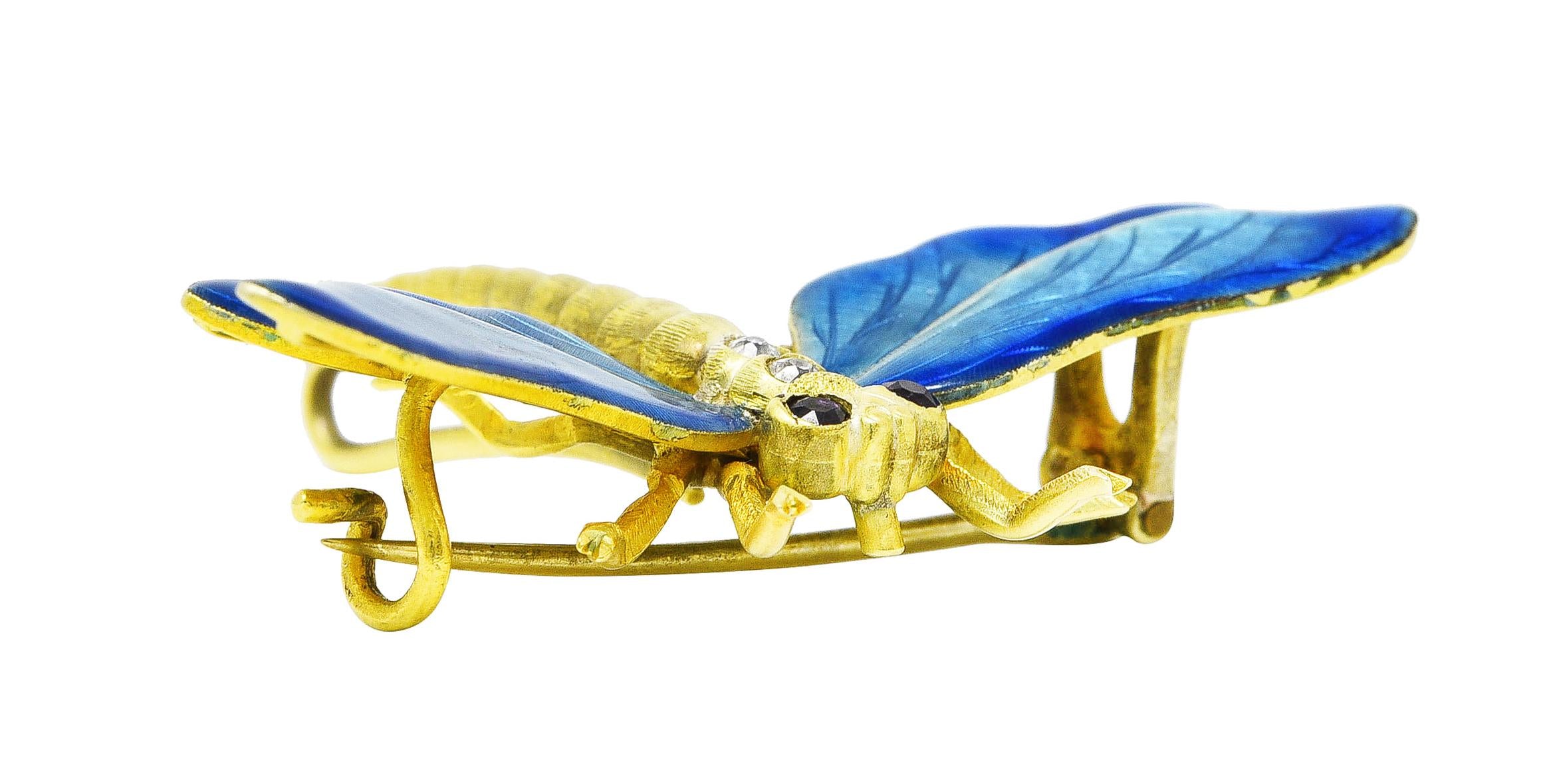 Riker Brothers Art Nouveau Ruby Diamond Guilloche Enamel 14K Dragonfly Brooch