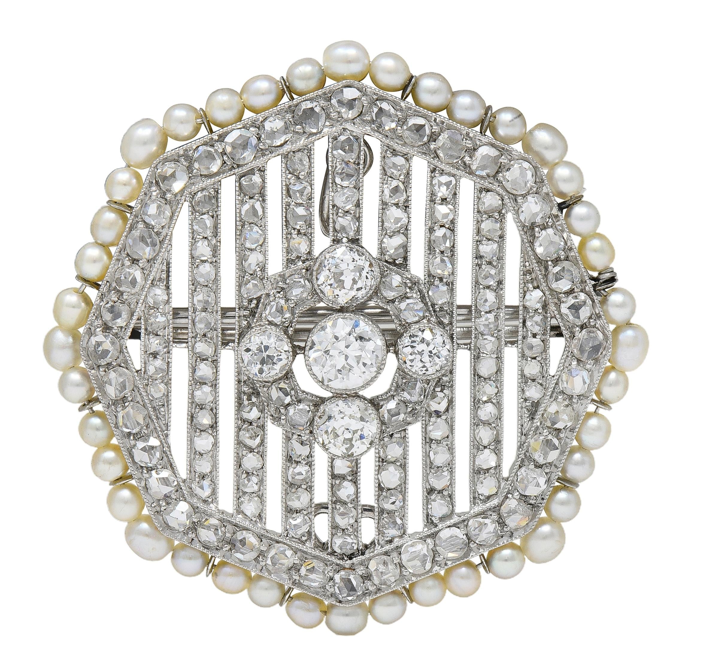 Art Deco 5.50 CTW Diamond Pearl Platinum Vintage Octagonal Pendant Brooch