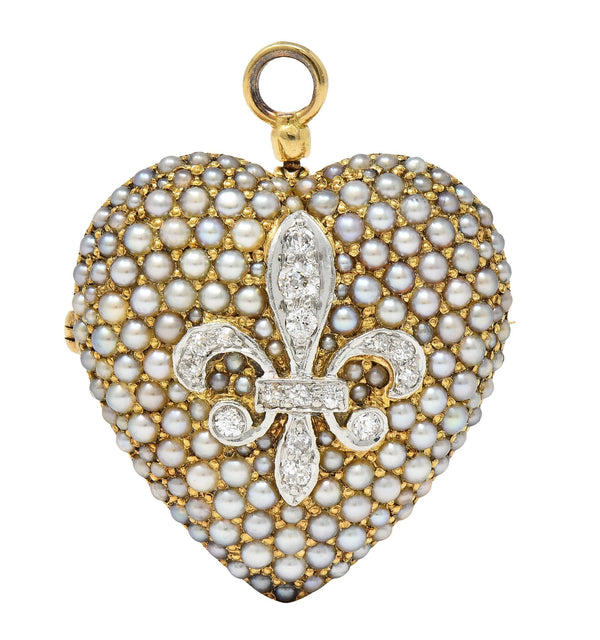 Edwardian Diamond Pearl Platinum 14K Yellow Gold Heart Antique Pendant Brooch