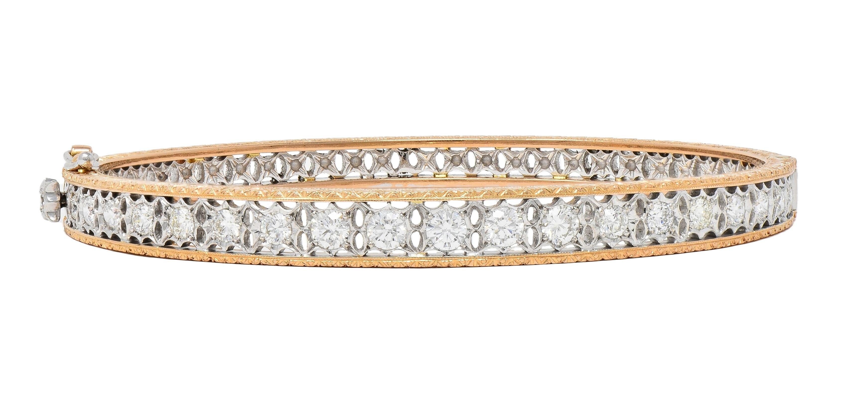 1.80 CTW Diamond 18 Karat Two-Tone Yellow Gold Vintage Floral Bangle Bracelet