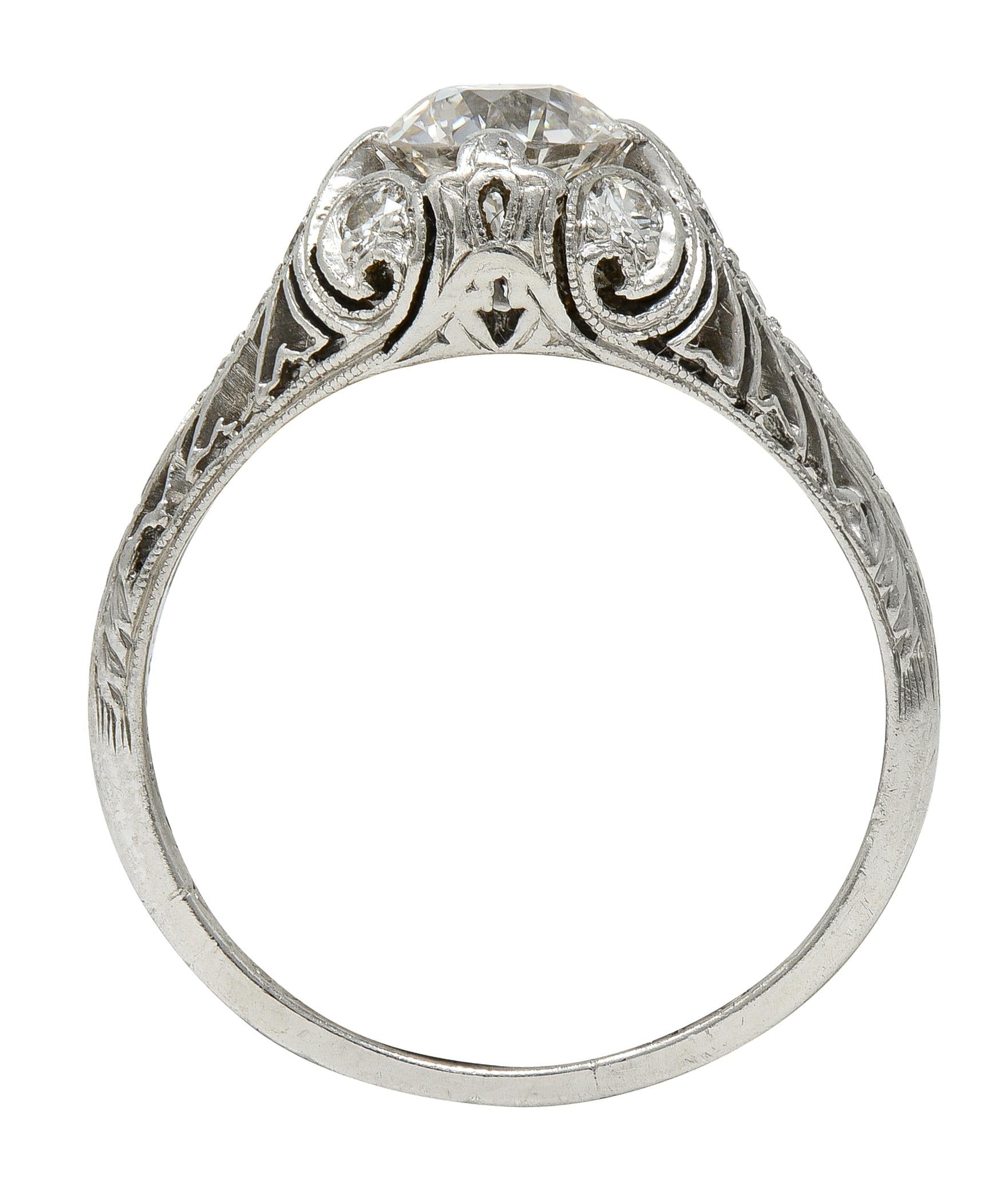 Art Deco 1929 1.00 CTW Diamond Platinum Antique Scroll Feather Engagement Ring