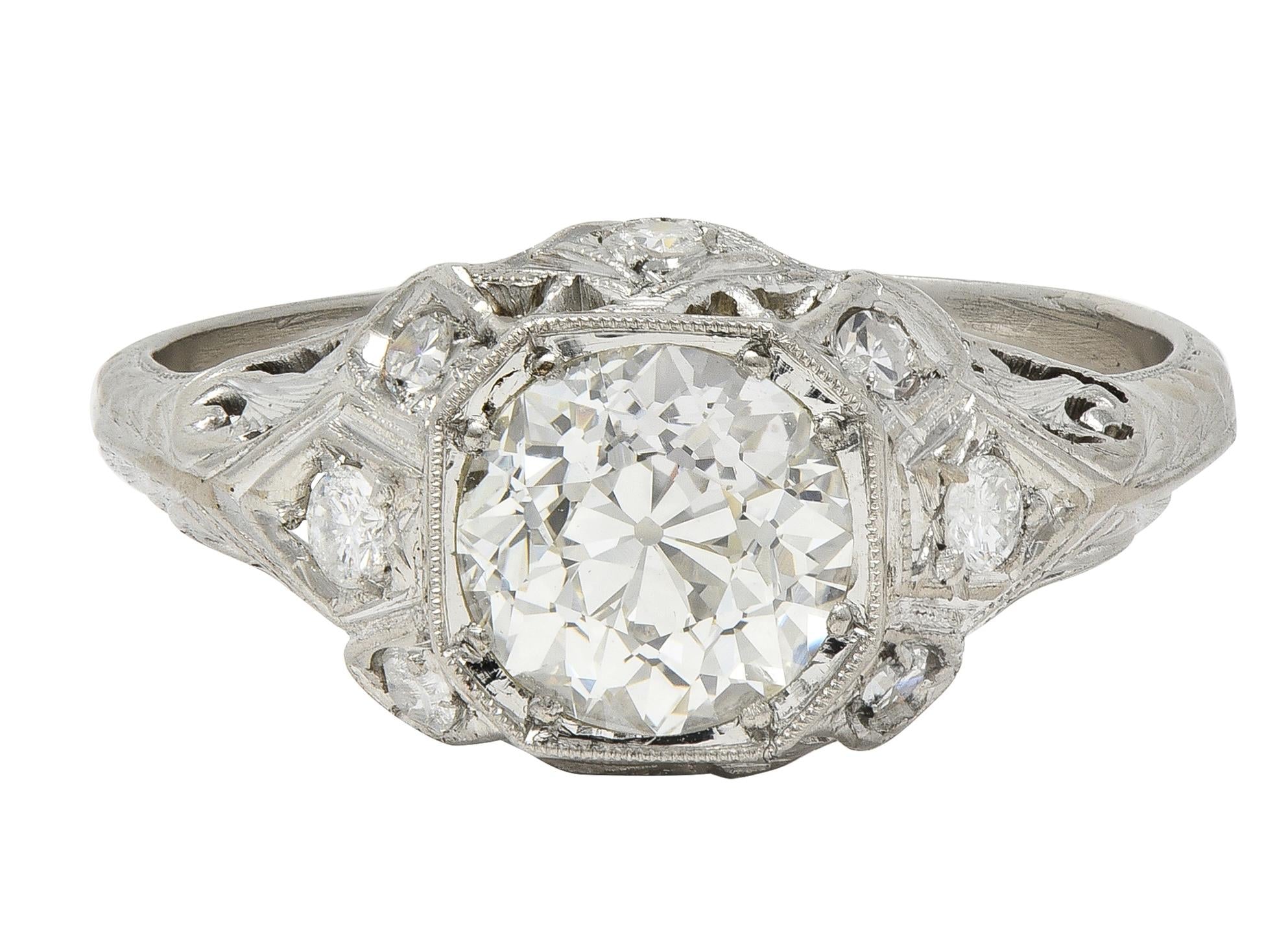 Edwardian 1.64 CTW Old European Diamond Platinum Foliate Antique Engagement Ring