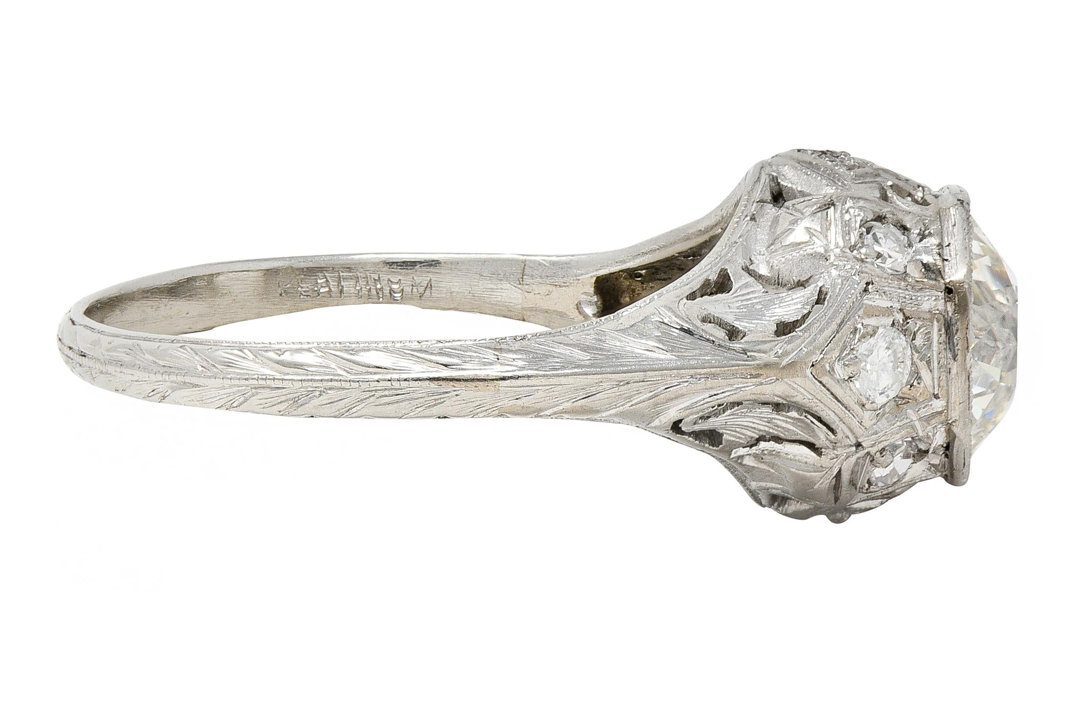 Edwardian 1.64 CTW Old European Diamond Platinum Foliate Antique Engagement Ring
