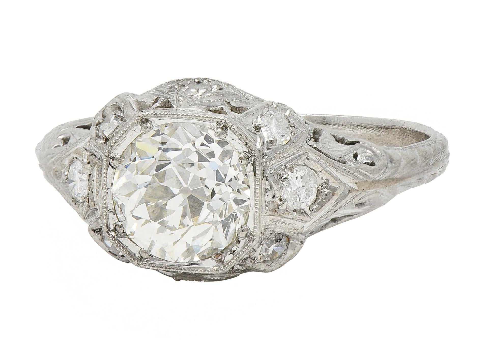 Edwardian 1.64 CTW Old European Diamond Platinum Foliate Antique Engagement Ring