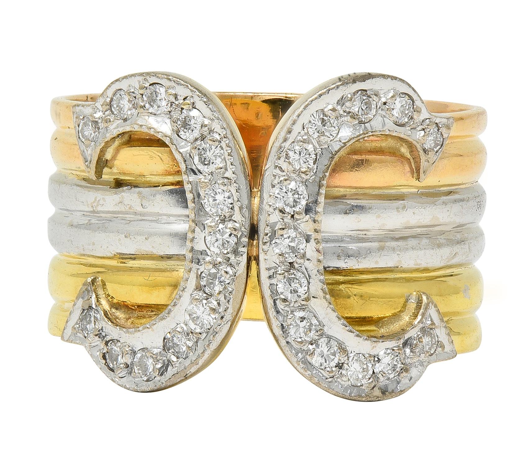Cartier 1970's Diamond Platinum 18 Karat Tri-Gold Vintage C Cuff Band Ring