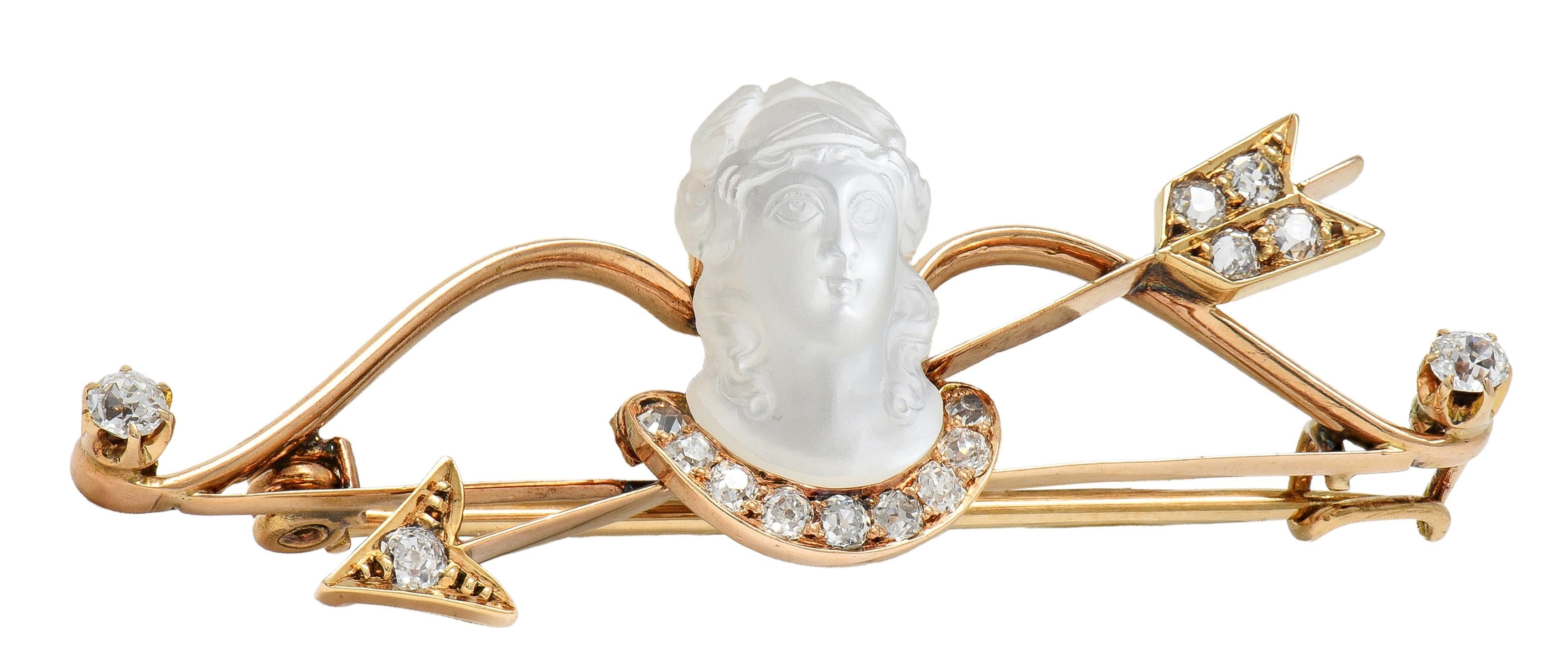 Victorian Diamond Carved Moonstone 14K Gold Antique Artemis Goddess Brooch
