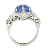 Art Deco 7.92 CTW No Heat Ceylon Sapphire Diamond Ruby Platinum Vintage Ring GIA