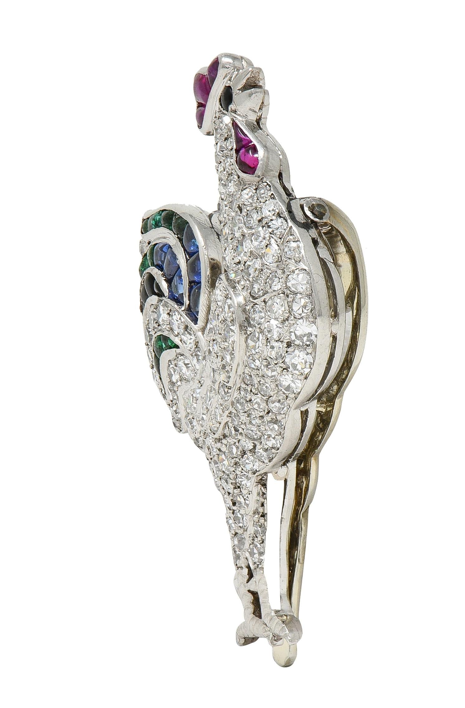 French Art Deco 4.15 CTW Diamond Multi-Gem Onyx Platinum Vintage Rooster Brooch
