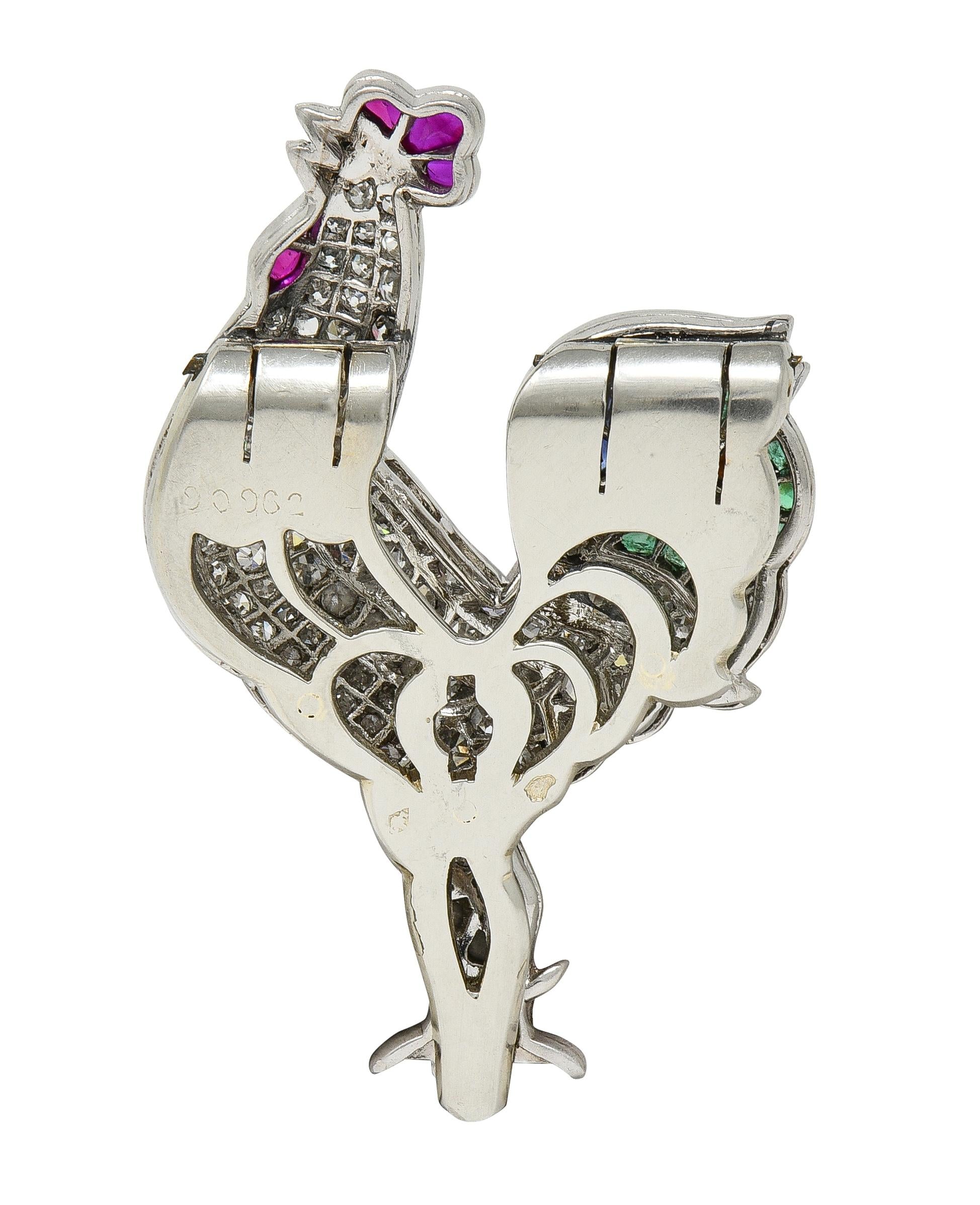 French Art Deco 4.15 CTW Diamond Multi-Gem Onyx Platinum Vintage Rooster Brooch
