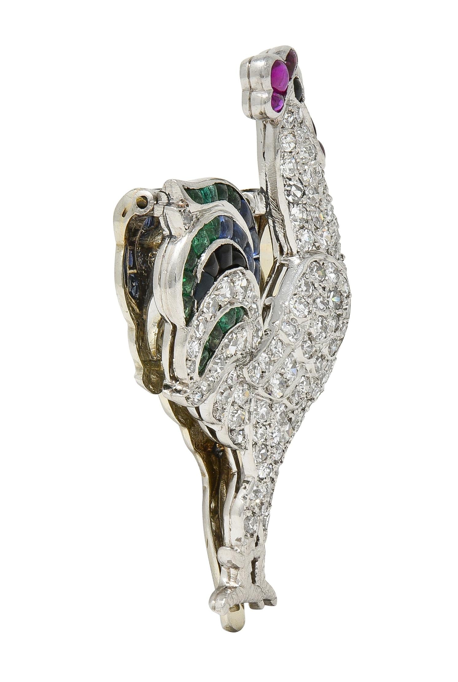 French Art Deco 4.15 CTW Diamond Multi-Gem Onyx Platinum Vintage Rooster Brooch