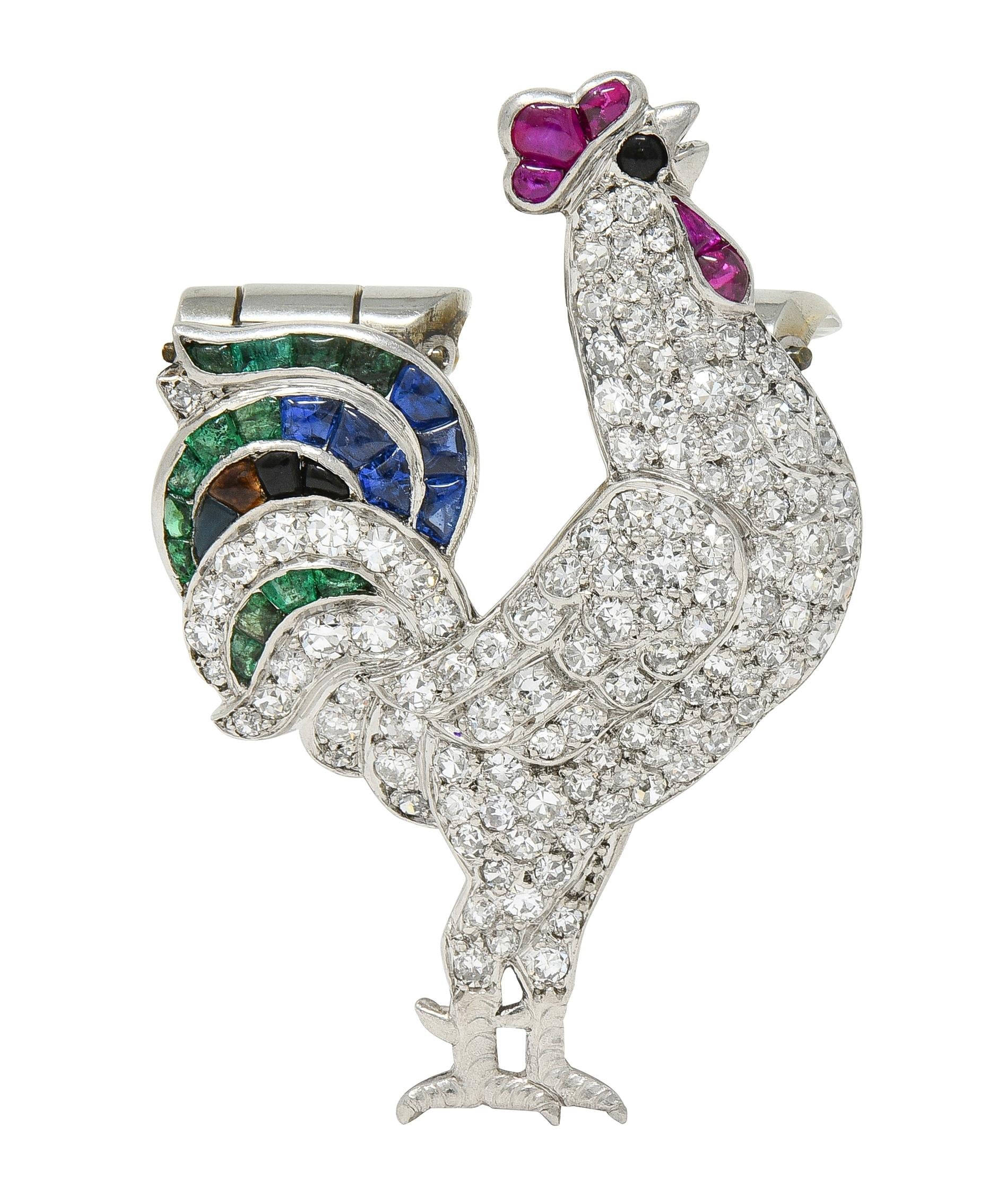 French Art Deco 4.15 CTW Diamond Multi-Gem Onyx Platinum Vintage Rooster Brooch