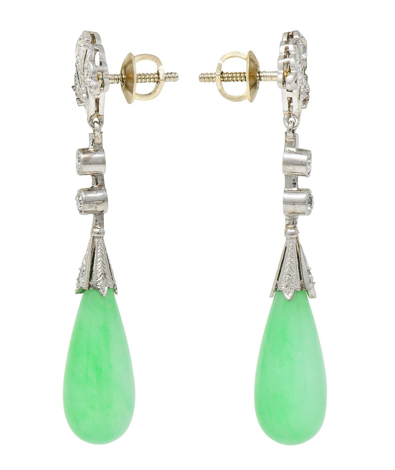 Art Deco Vintage Jadeite Jade Diamond Platinum Fanning Lotus Drop Earrings