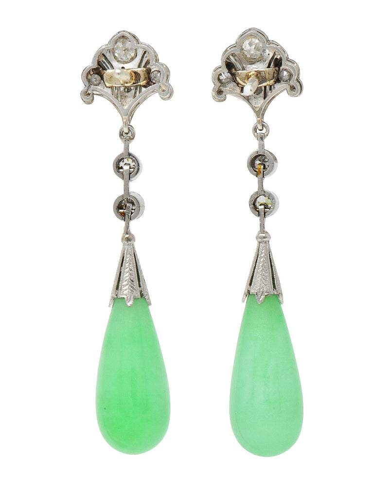 Art Deco Vintage Jadeite Jade Diamond Platinum Fanning Lotus Drop Earrings