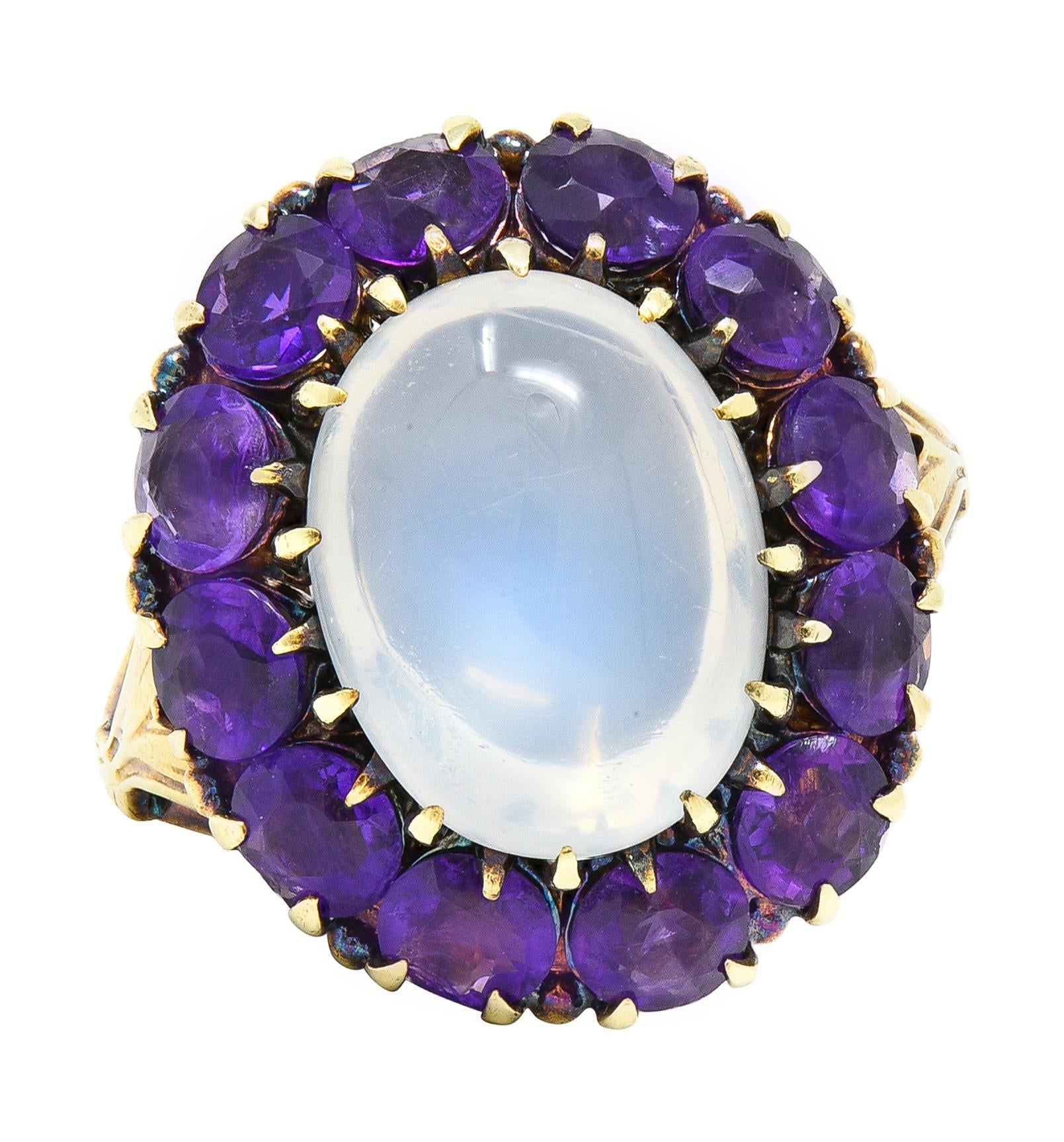 Victorian Moonstone Amethyst 14 Karat Yellow Gold Antique Fleur-De-Lis Halo Ring