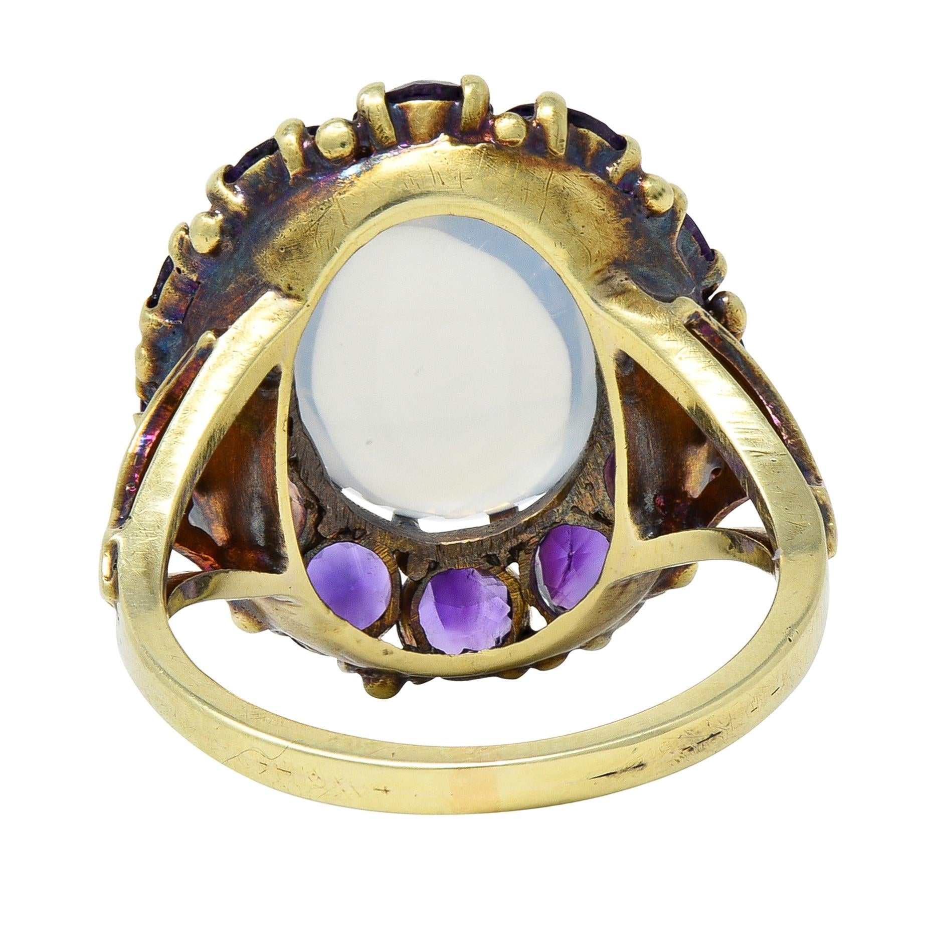 Victorian Moonstone Amethyst 14 Karat Yellow Gold Antique Fleur-De-Lis Halo Ring