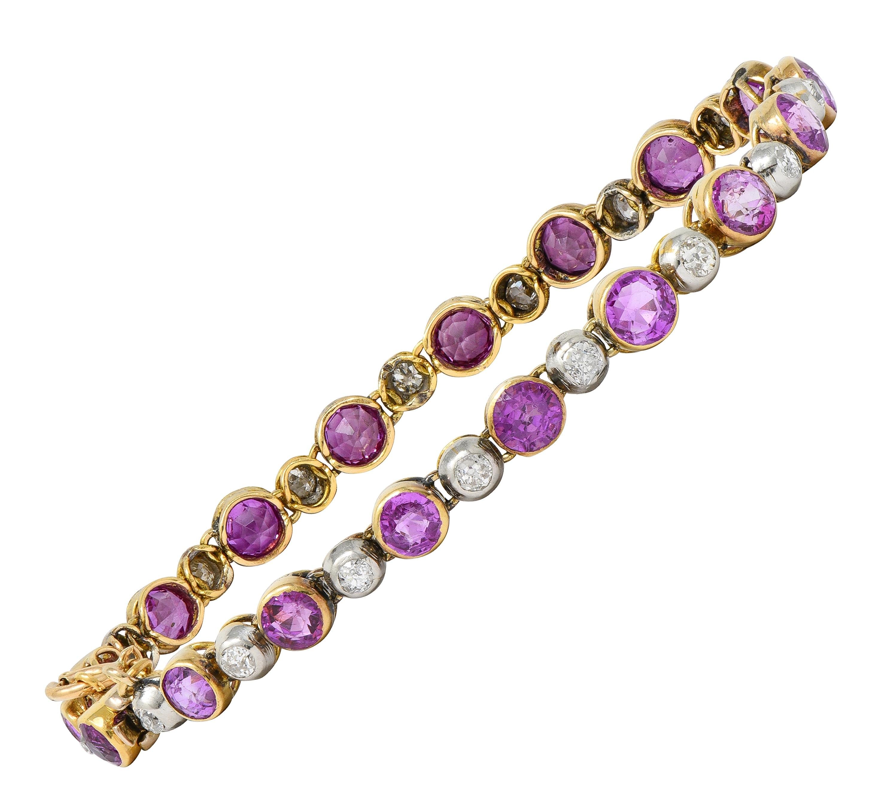Edwardian Pink Sapphire Diamond Platinum 18K Yellow Gold Antique Line Bracelet