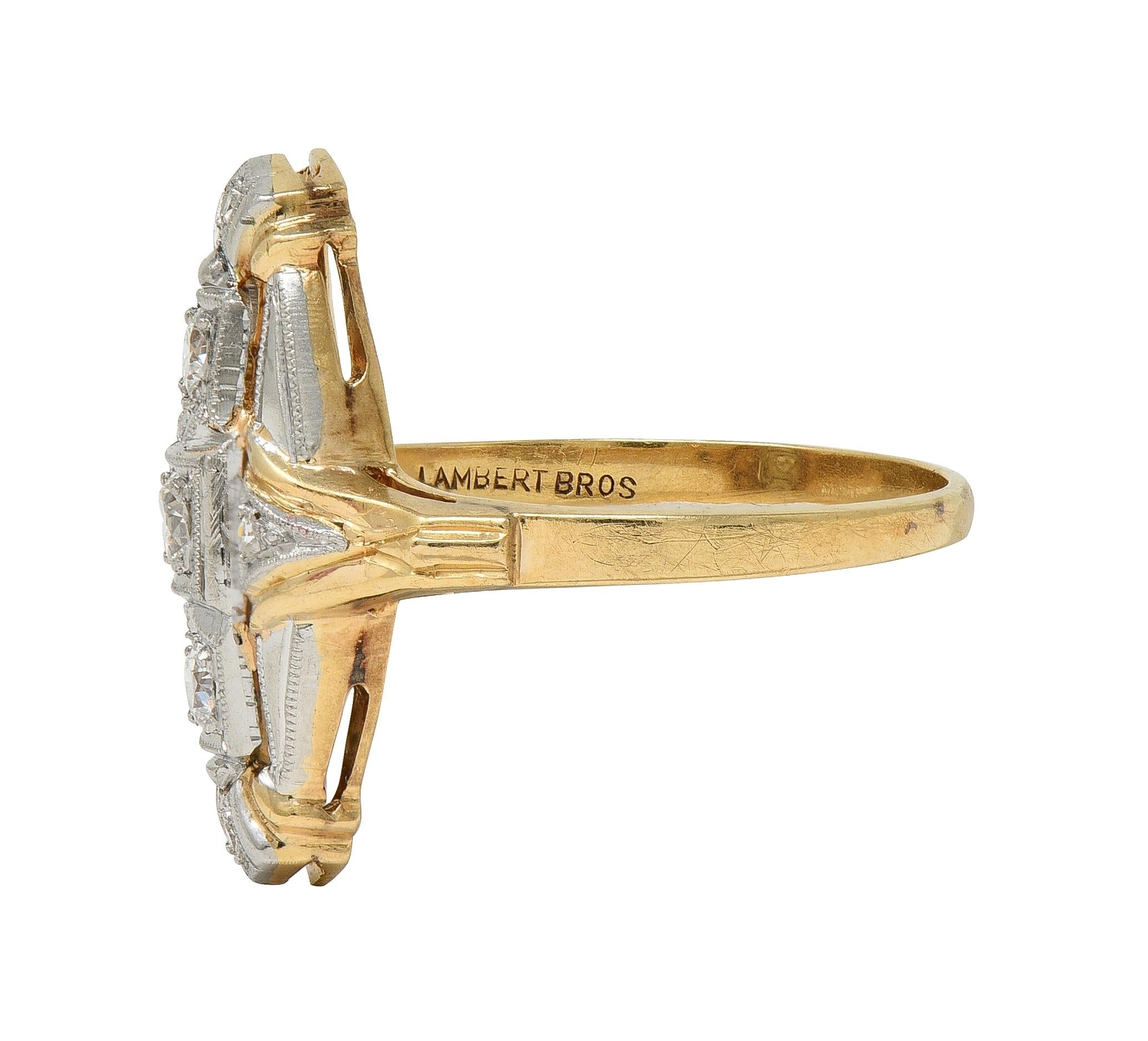 Art Deco Diamond Platinum 14 Karat Yellow Gold Vintage Navette Dinner Ring