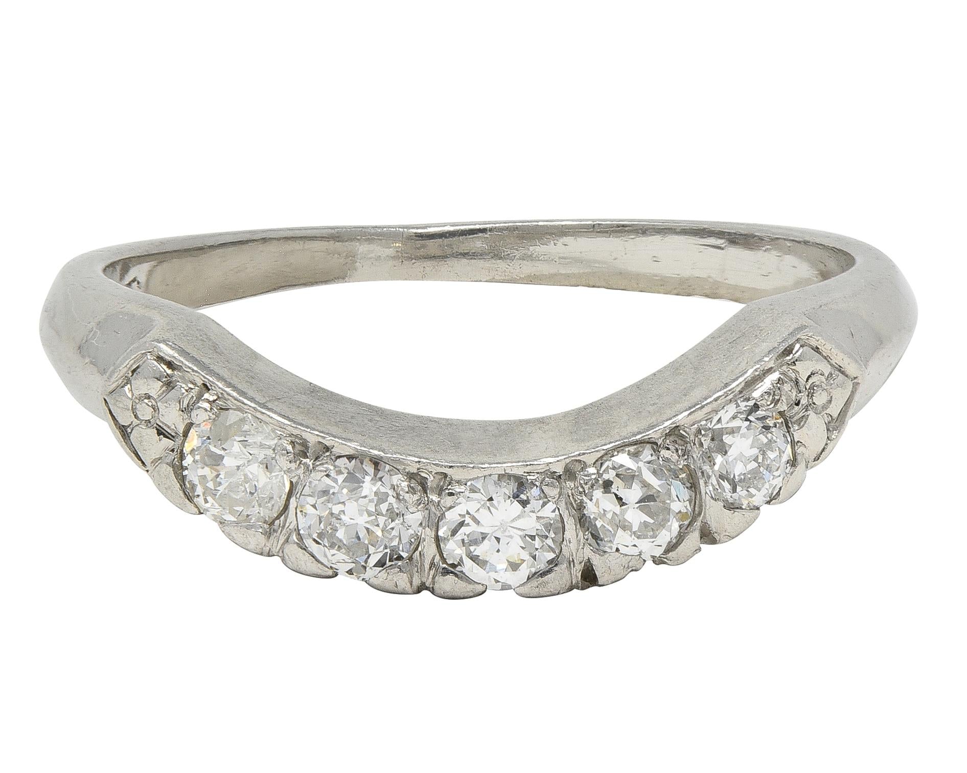 Mid-Century European Diamond Platinum Vintage Fishtail Contour Wedding Band Ring