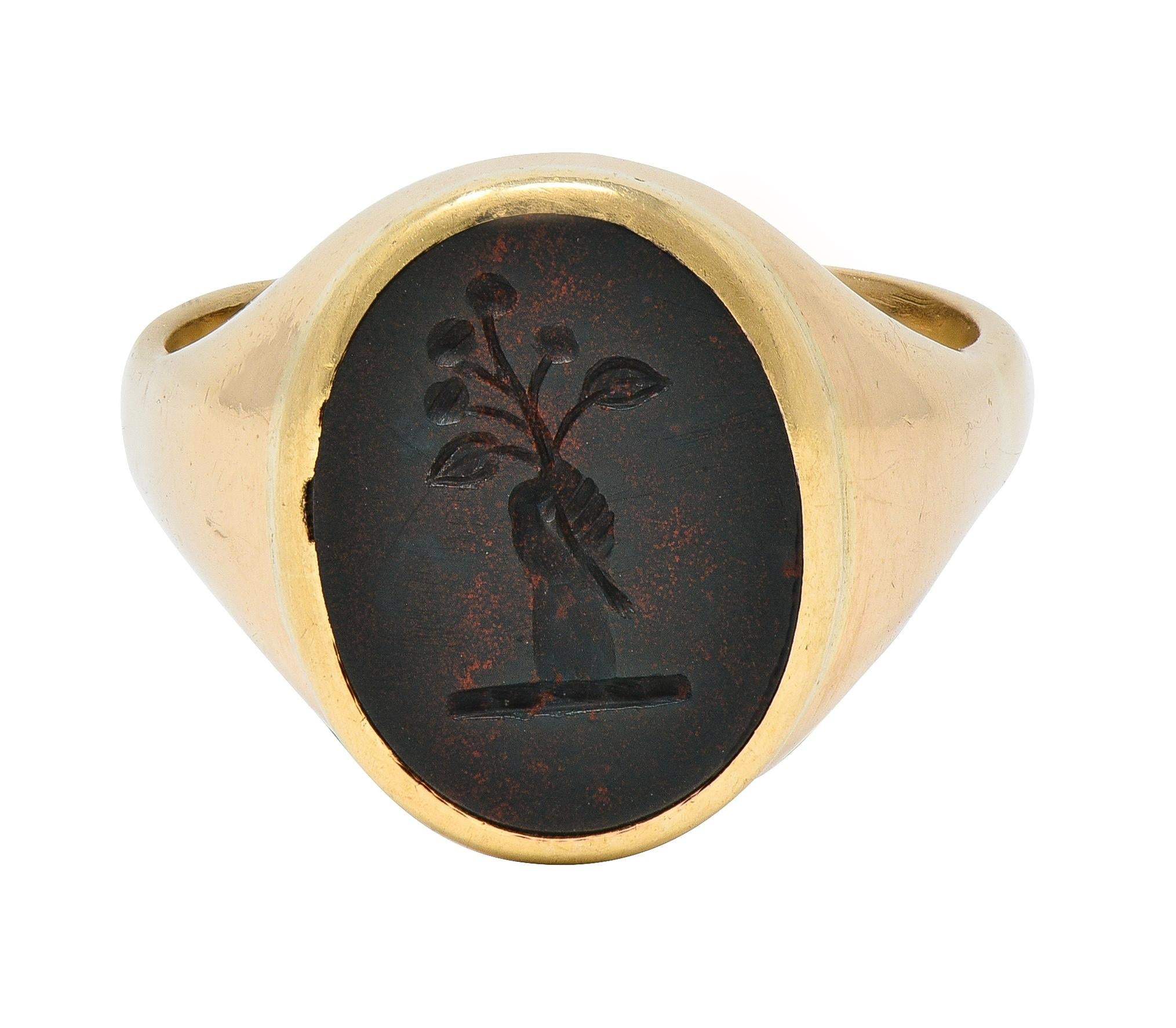 Victorian Bloodstone 18K Gold Heraldic Crest Antique Unisex Intaglio Signet Ring