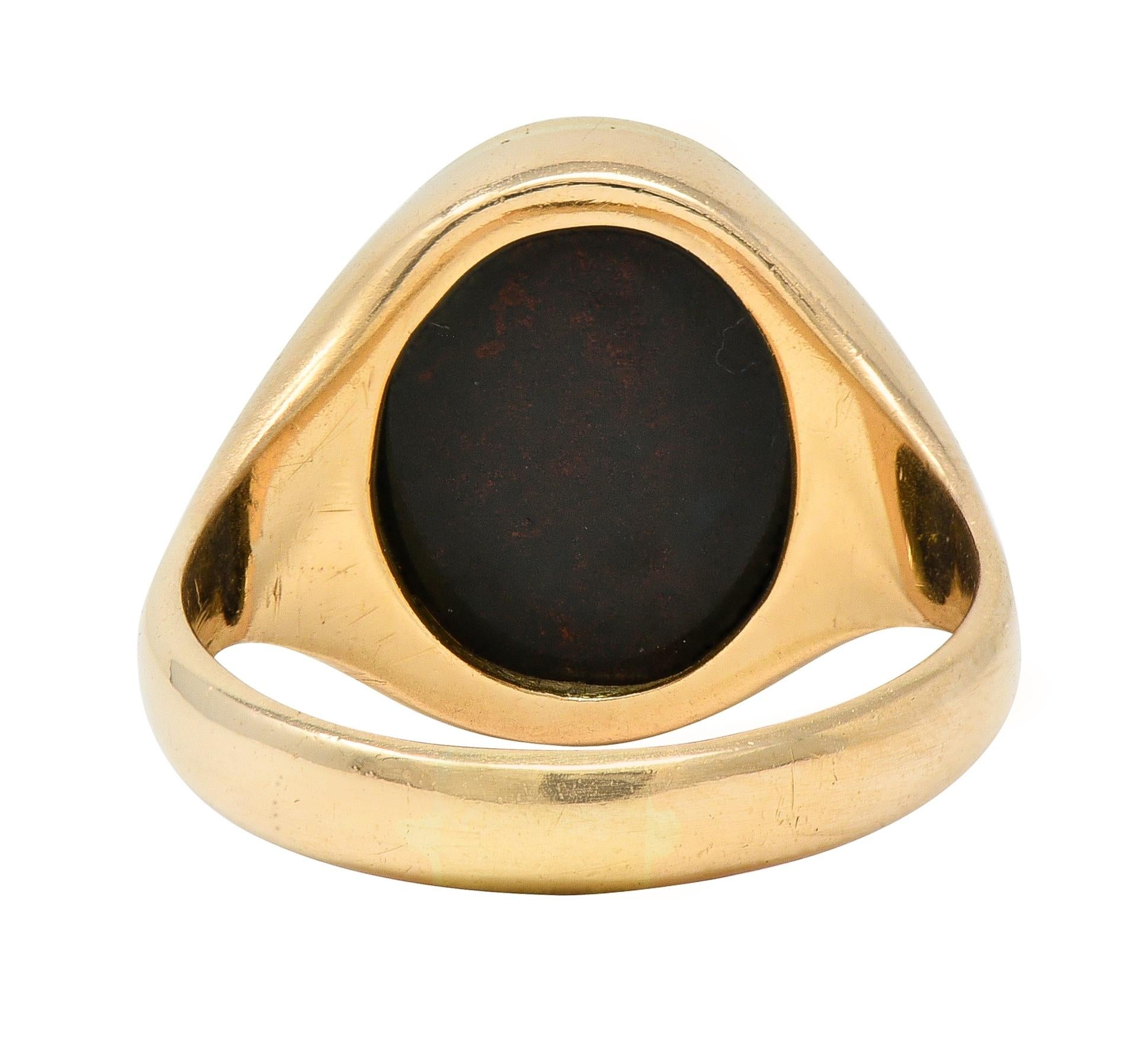 Victorian Bloodstone 18K Gold Heraldic Crest Antique Unisex Intaglio Signet Ring