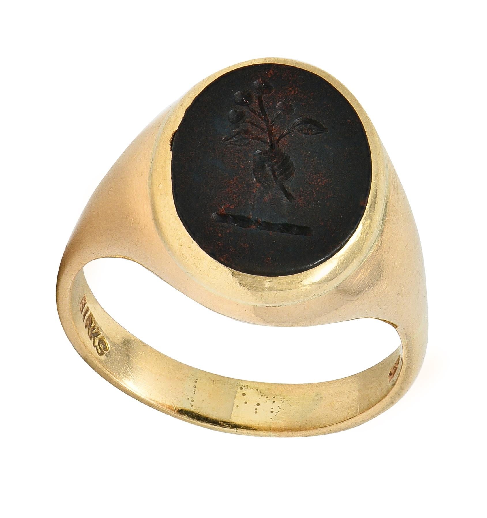 Victorian Bloodstone 18K Gold Heraldic Crest Antique Unisex Intaglio Signet Ring