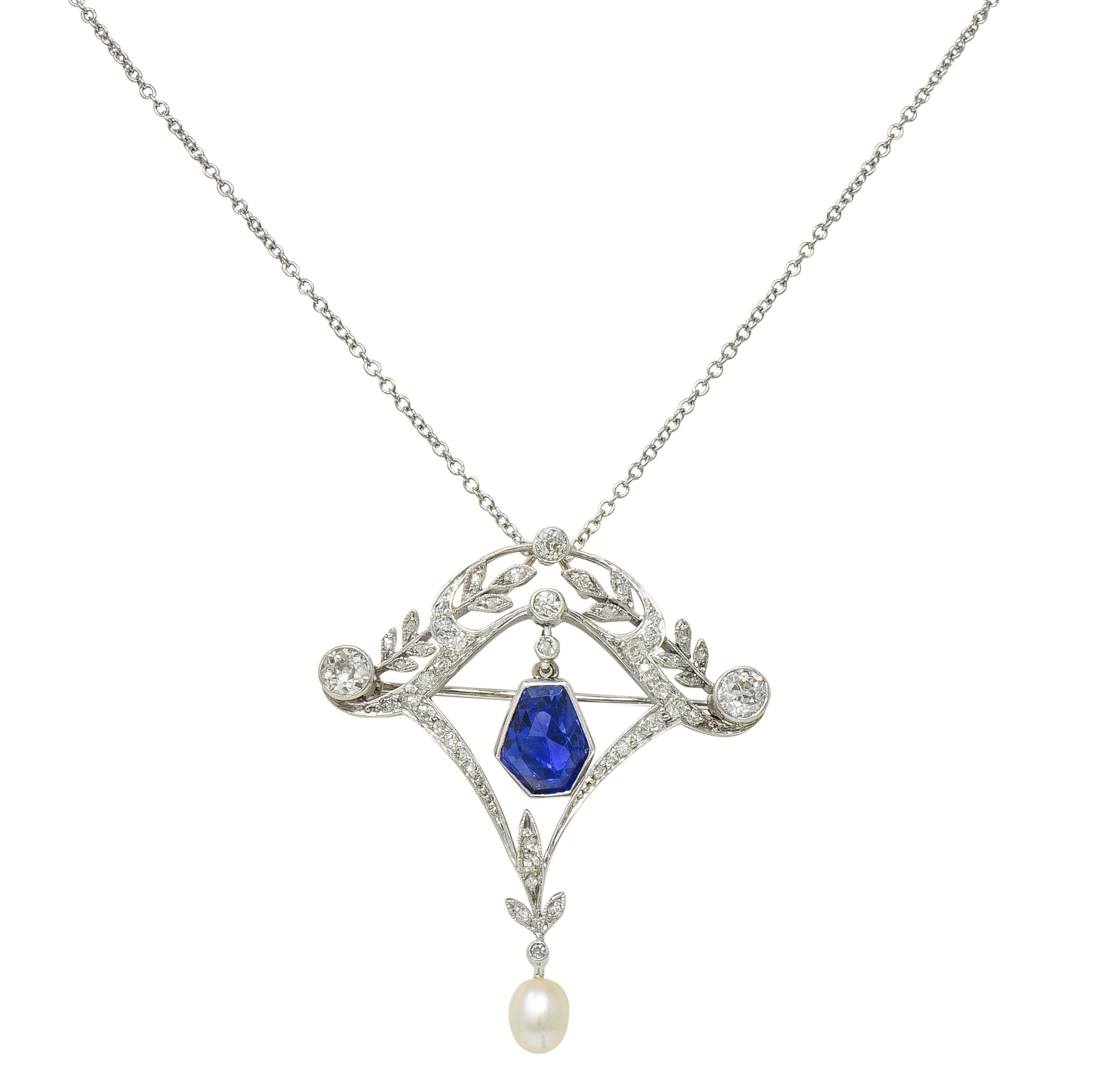Edwardian 4.98 CTW No Heat Sapphire Diamond Platinum Antique Pendant Necklace
