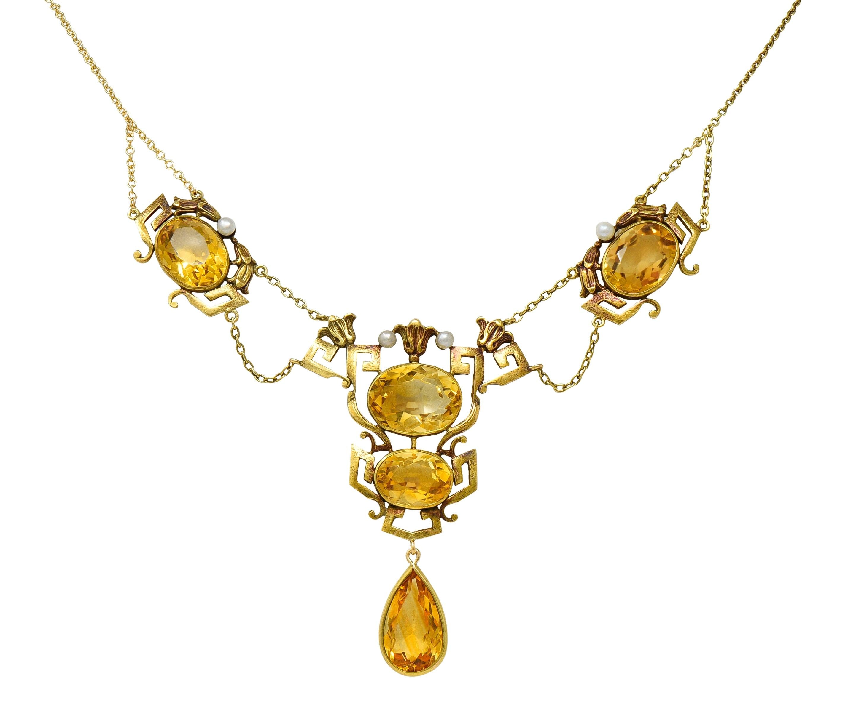 Victorian Citrine Pearl 14K Gold Vintage Greek Key Lotus Station Necklace