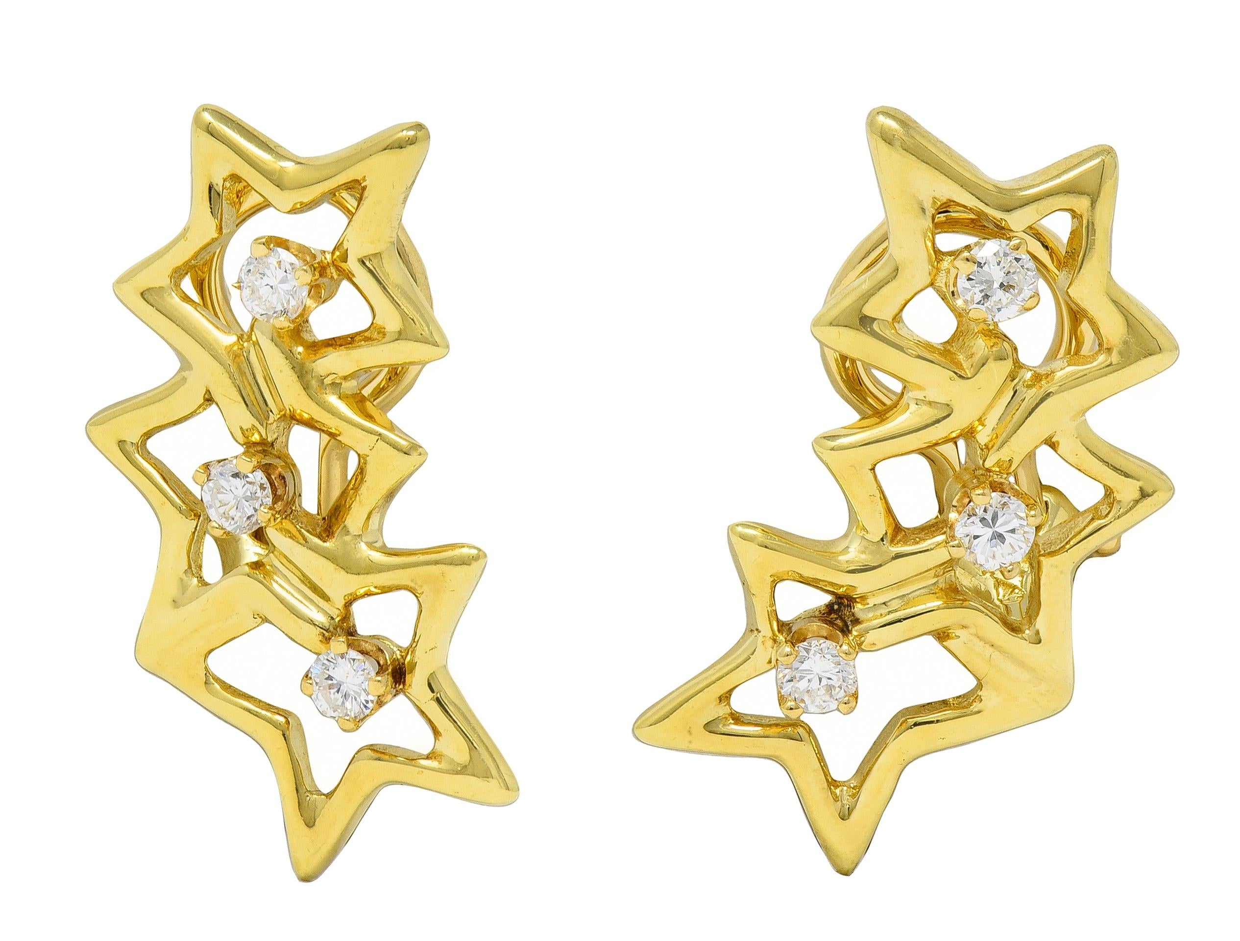 Tiffany & Co. 2010's Diamond 18 Karat Yellow Gold Triple Star Ear-Clip Earrings