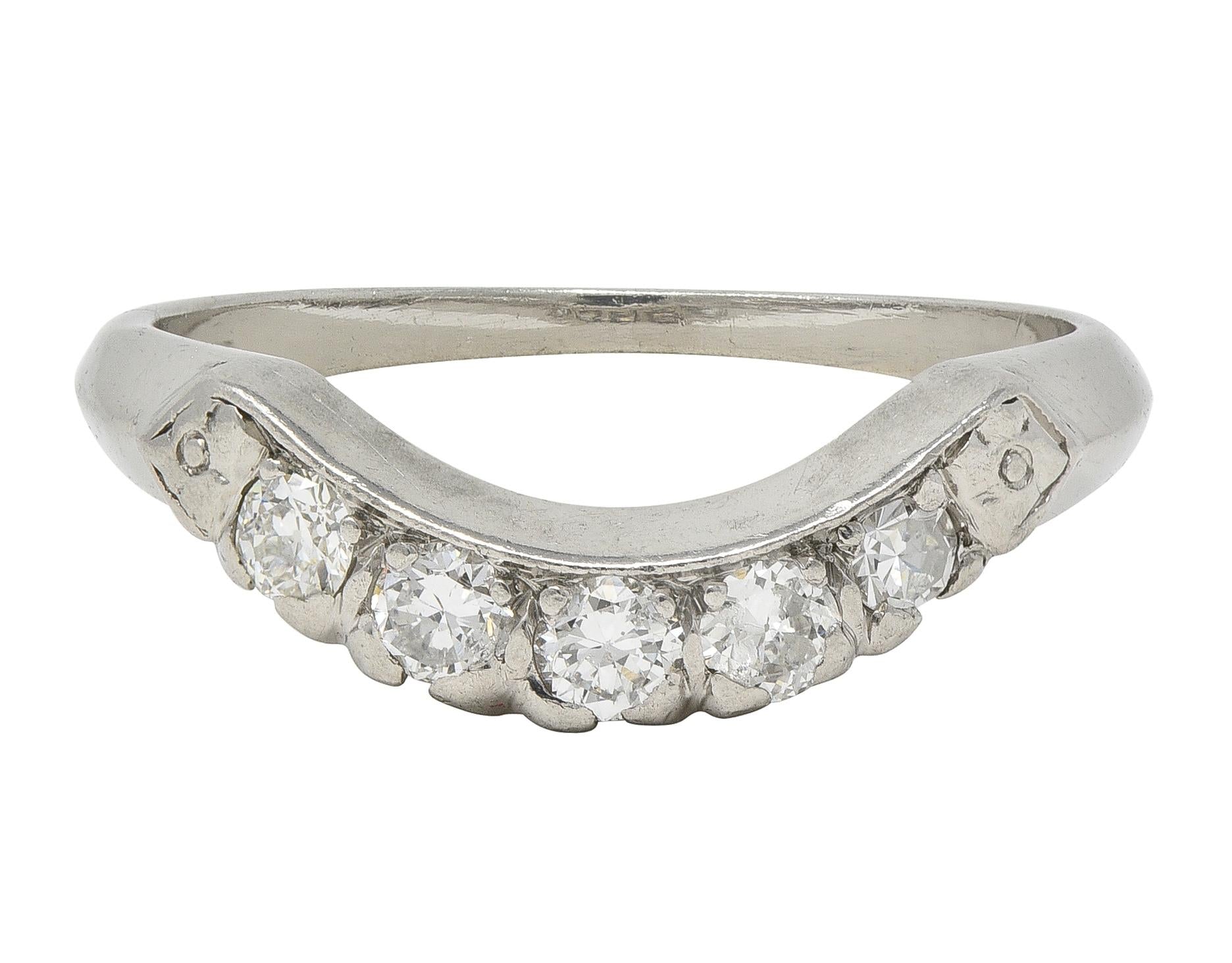 Mid-Century European Diamond Platinum Vintage Fishtail Contour Wedding Band Ring