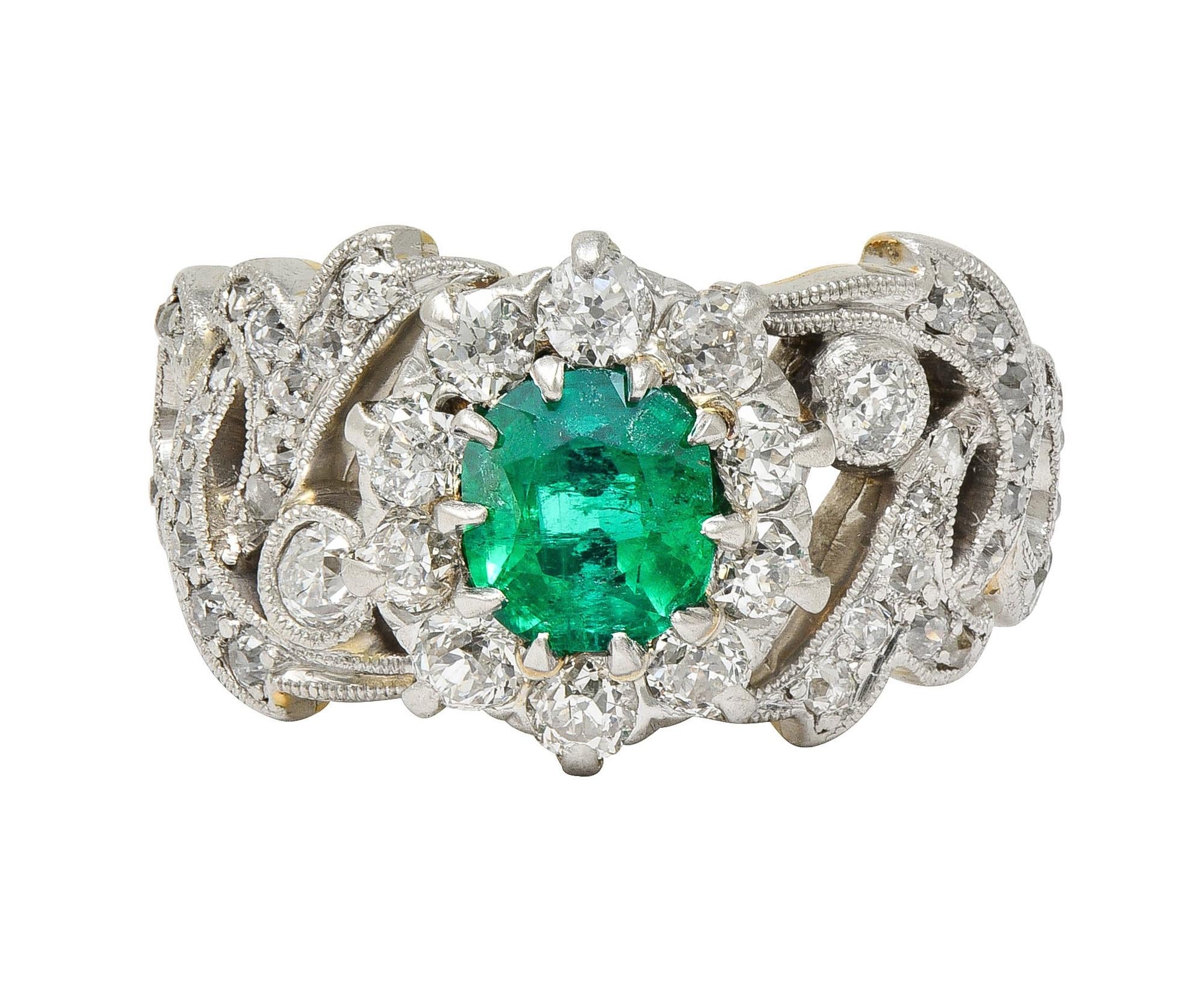 Edwardian 1.85 CTW Emerald Diamond Platinum 14 Karat Gold Antique Halo Ring