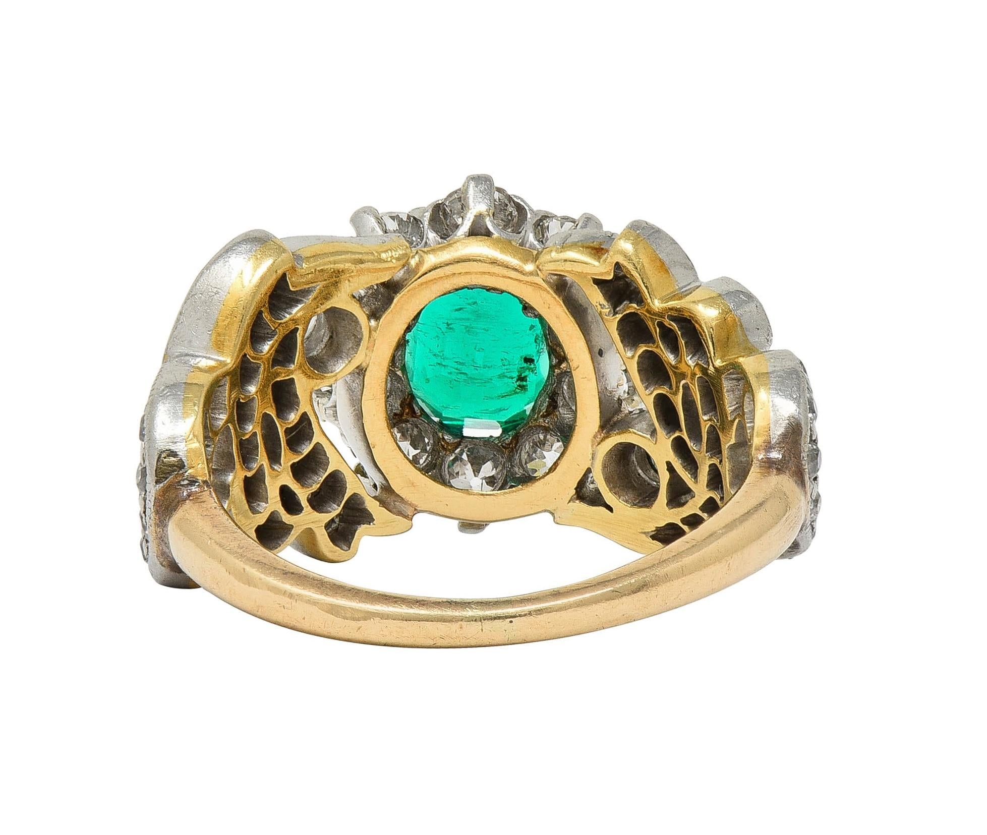 Edwardian 1.85 CTW Emerald Diamond Platinum 14 Karat Gold Antique Halo Ring