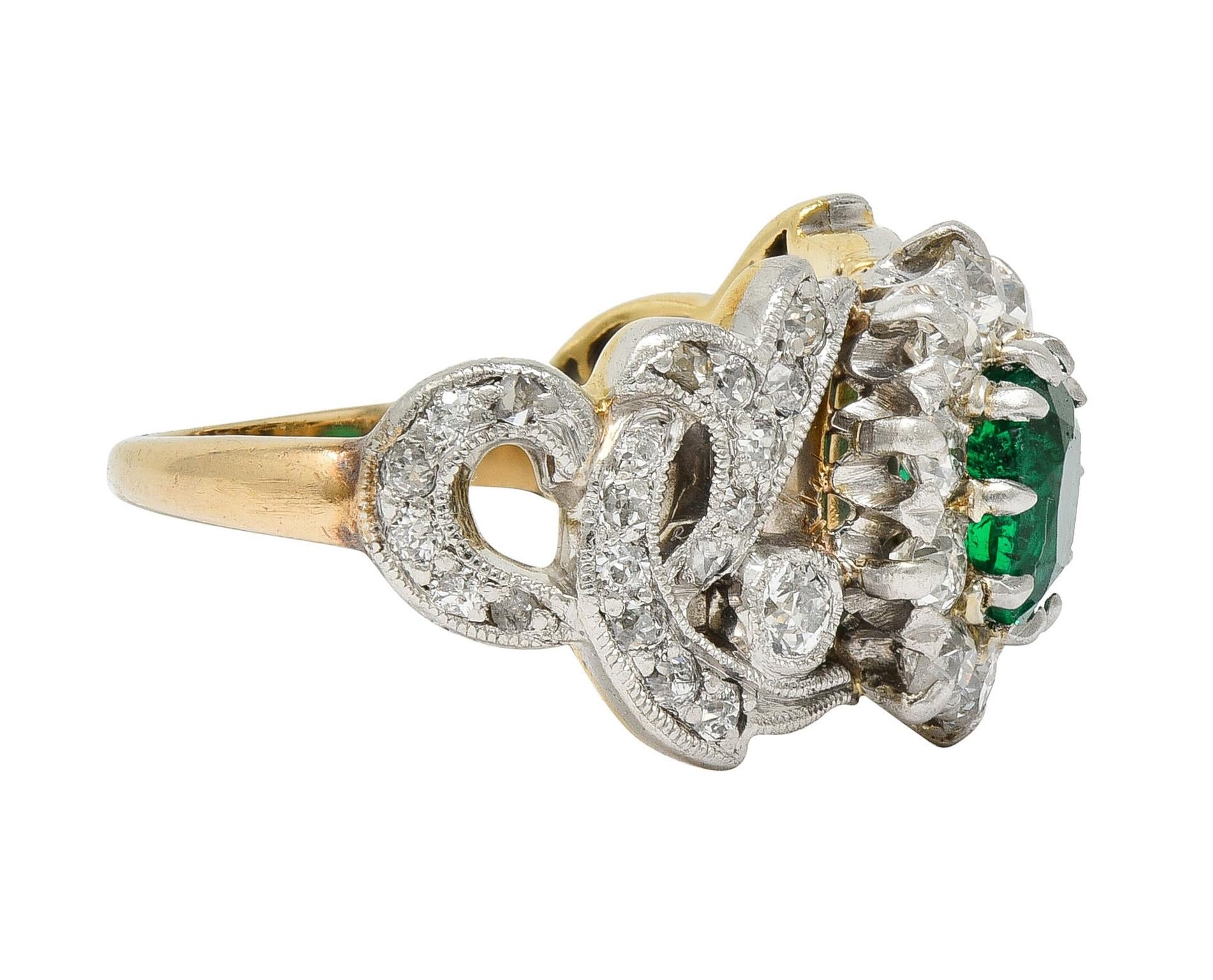 Edwardian 1.85 CTW Emerald Diamond Platinum 14 Karat Gold Antique Halo Ring