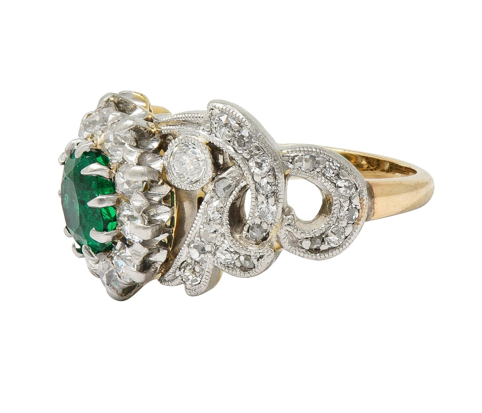 Edwardian 1.85 CTW Emerald Diamond Platinum 14 Karat Gold Antique Halo Ring