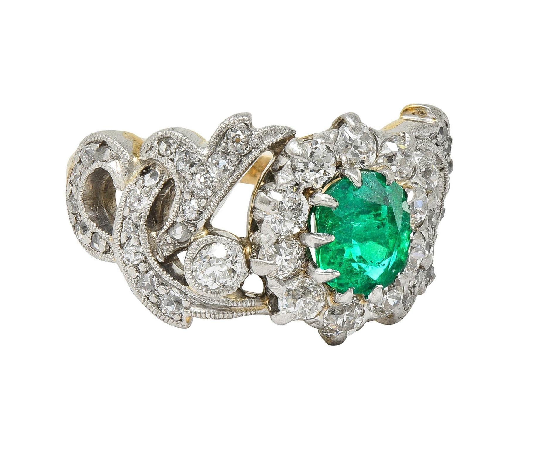 Edwardian 1.85 CTW Emerald Diamond Platinum 14 Karat Gold Antique Halo Ring