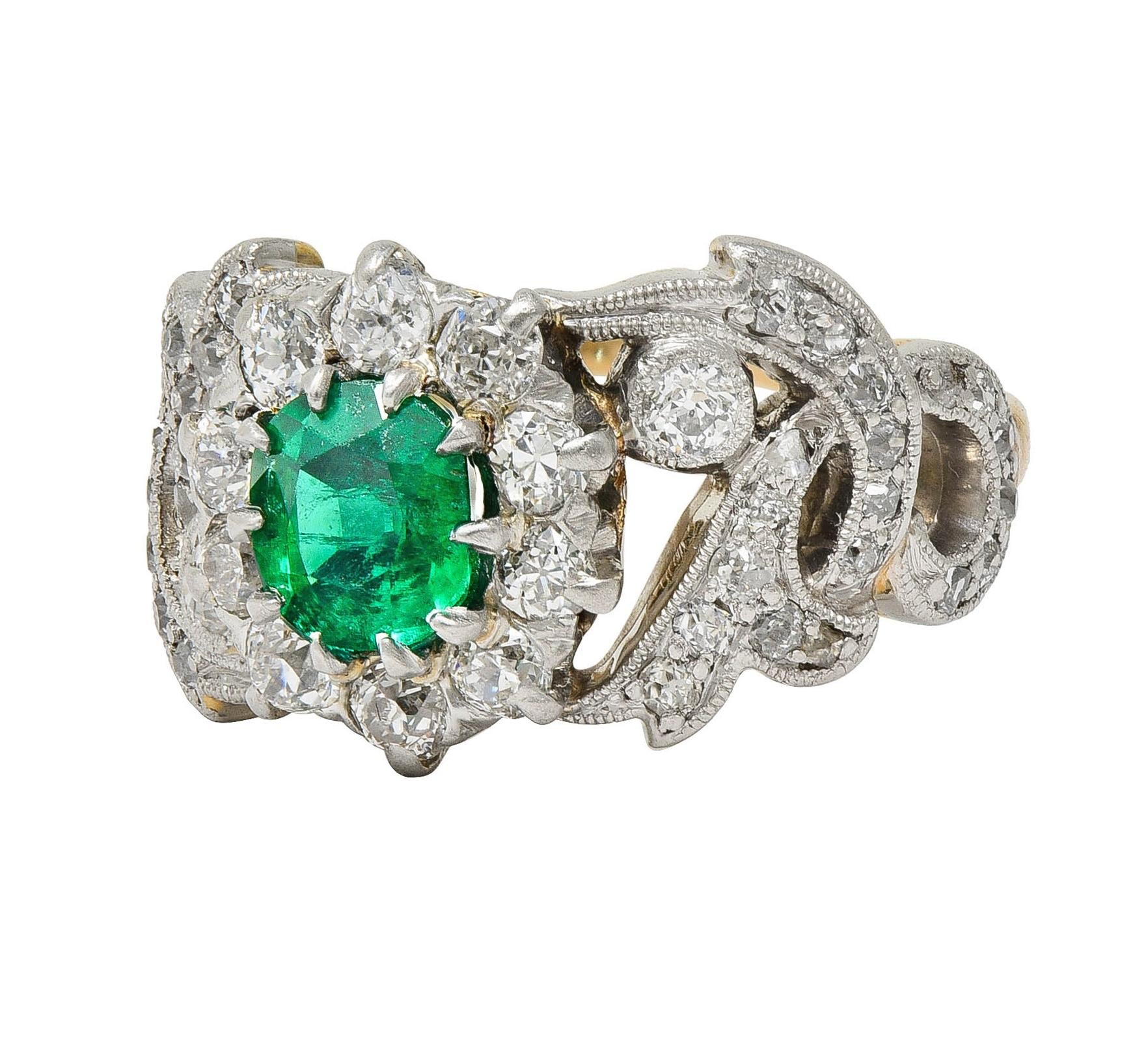 Edwardian 1.85 CTW Emerald Diamond Platinum 14 Karat Gold Antique Halo Ring